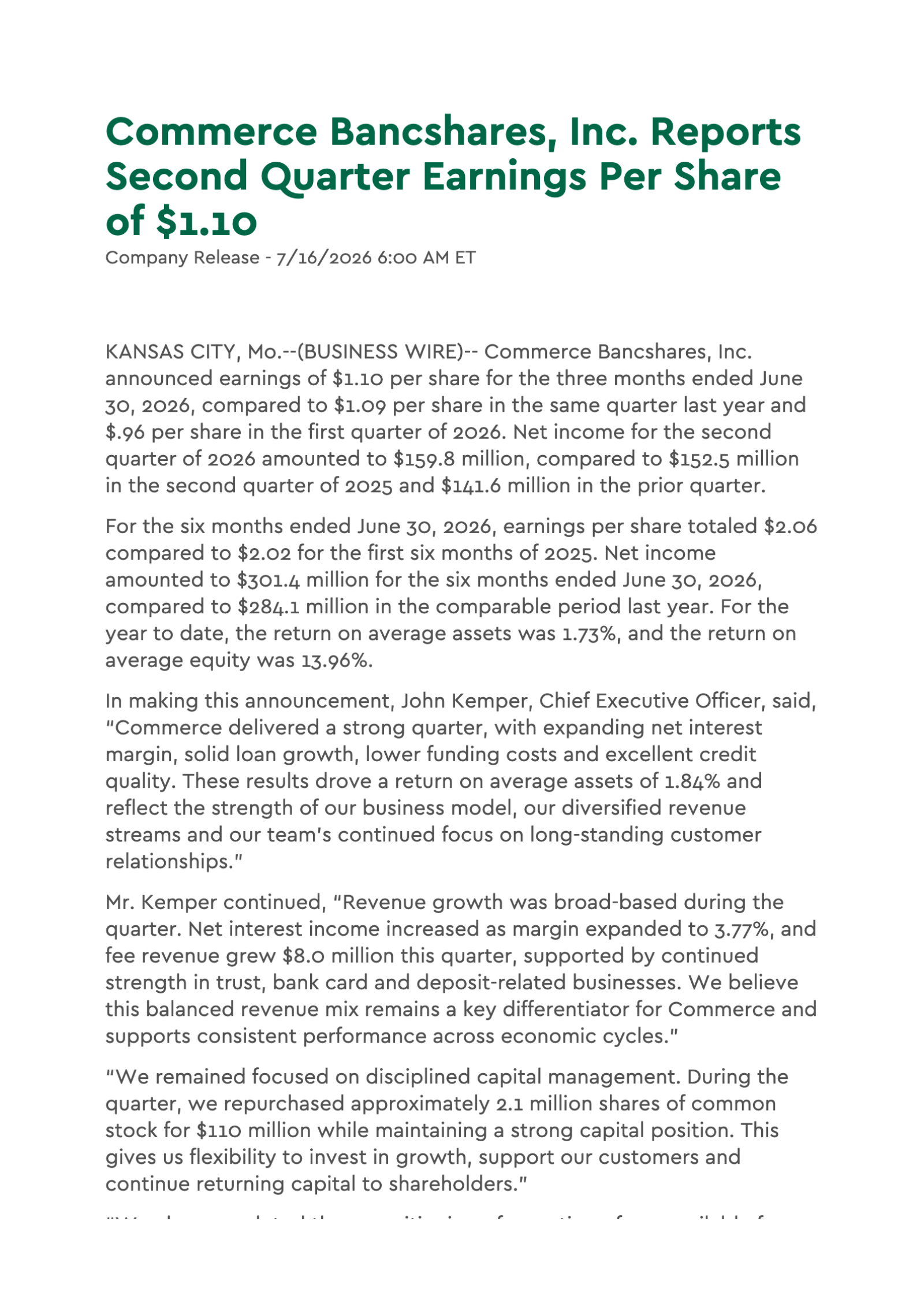 Commerce Bancshares' Q2 2026 Press Release