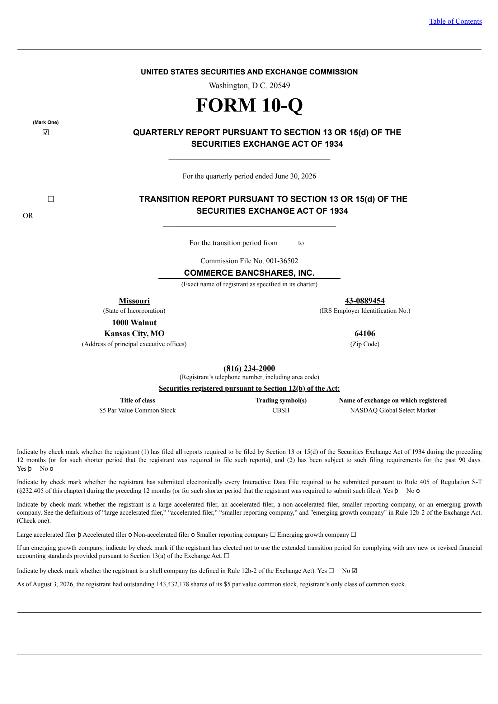 Commerce Bancshares' Q2 2026 Quarterly report
