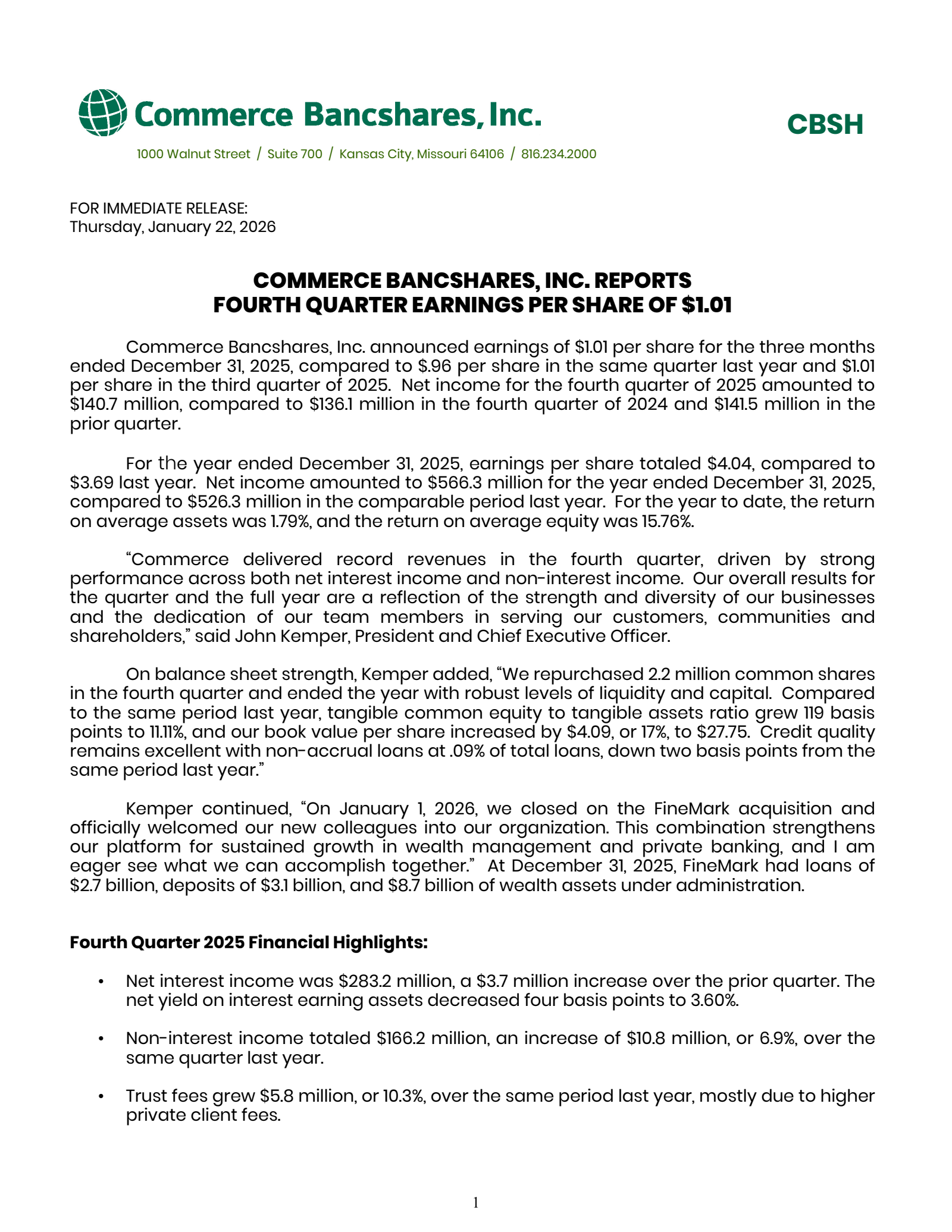 Commerce Bancshares' Q4 2025 Press Release