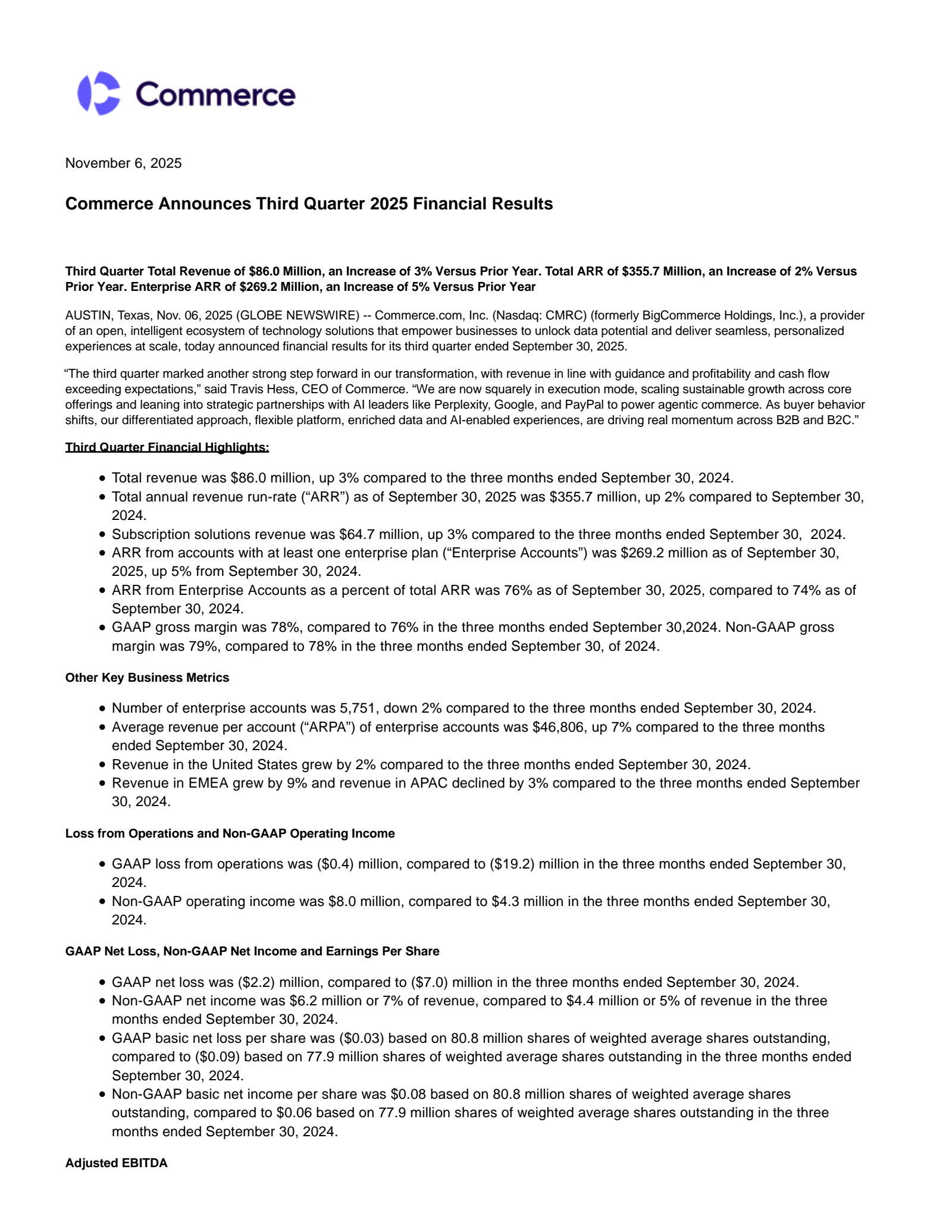 Bigcommerce's Q3 2025 Earnings Release