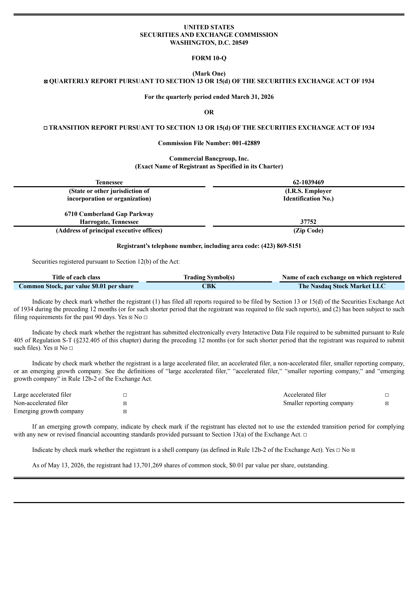 Commercial Bancgroup's Q1 2026 Quarterly report