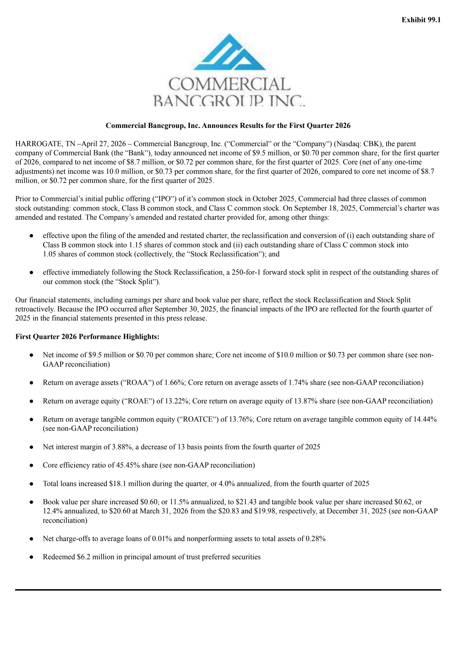Commercial Bancgroup's Q1 2026 Press Release