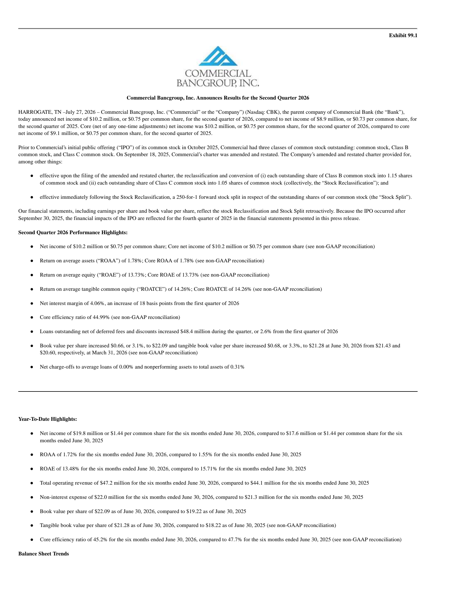 Commercial Bancgroup's Q2 2026 Press Release