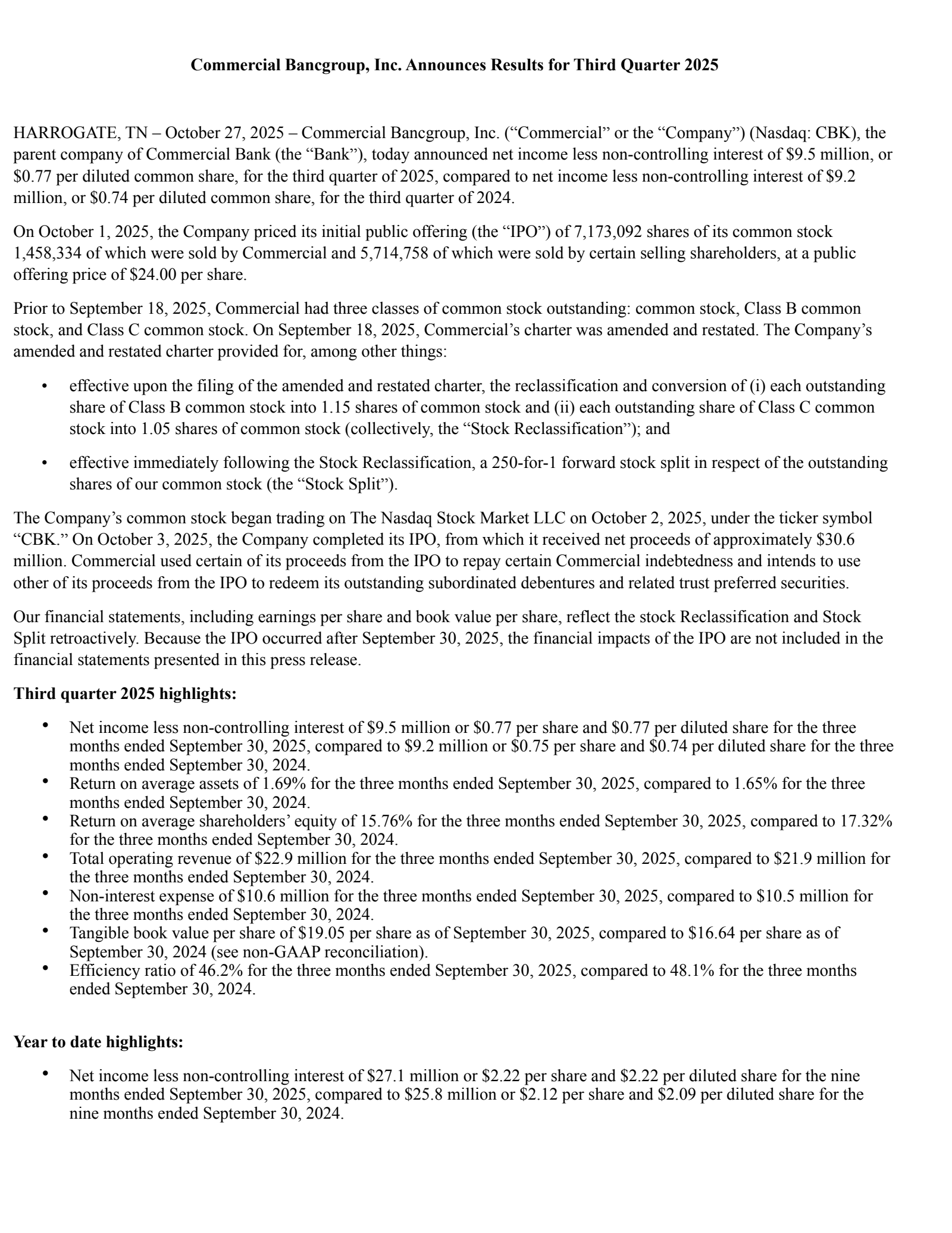 Commercial Bancgroup's Q3 2025 Earnings Release