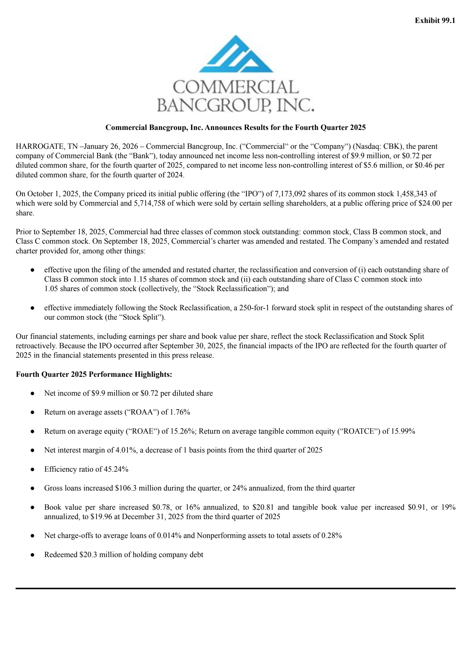 Commercial Bancgroup's Q4 2025 Press Release