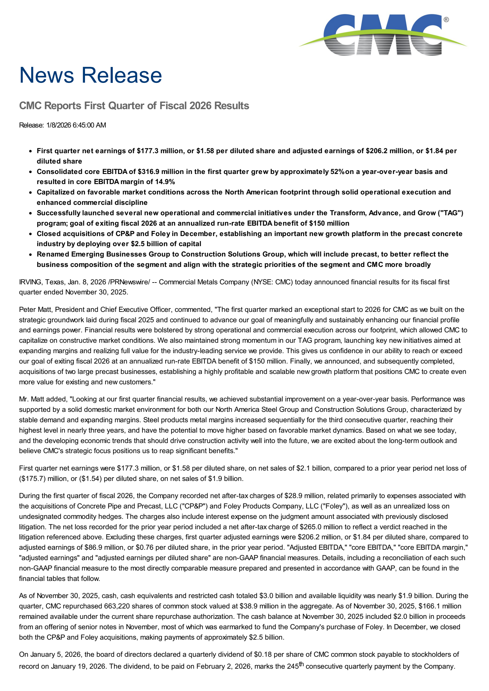 Commercial Metals' Q1 2026 Earnings Release