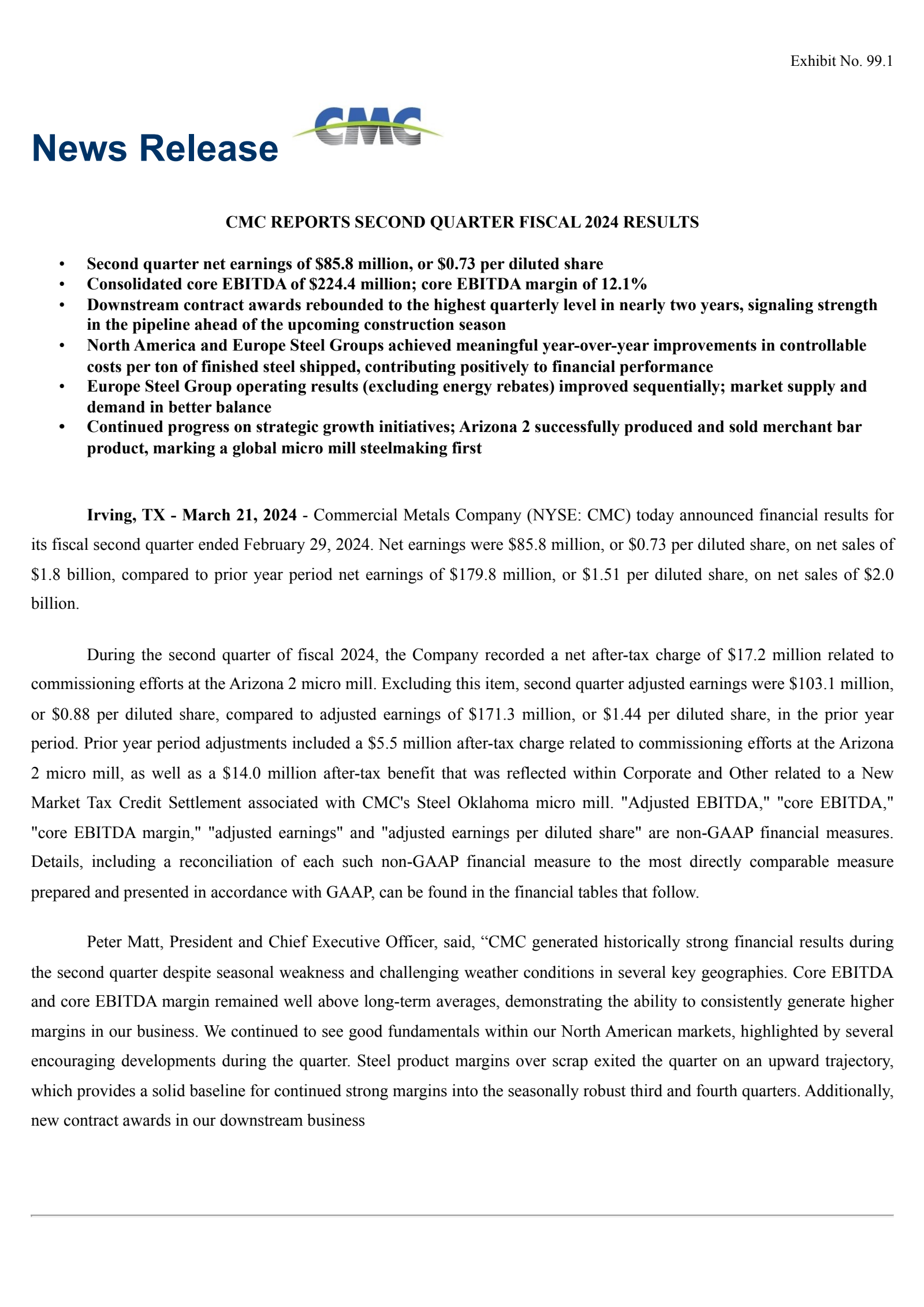 Commercial Metals' Q2 2024 Press Release
