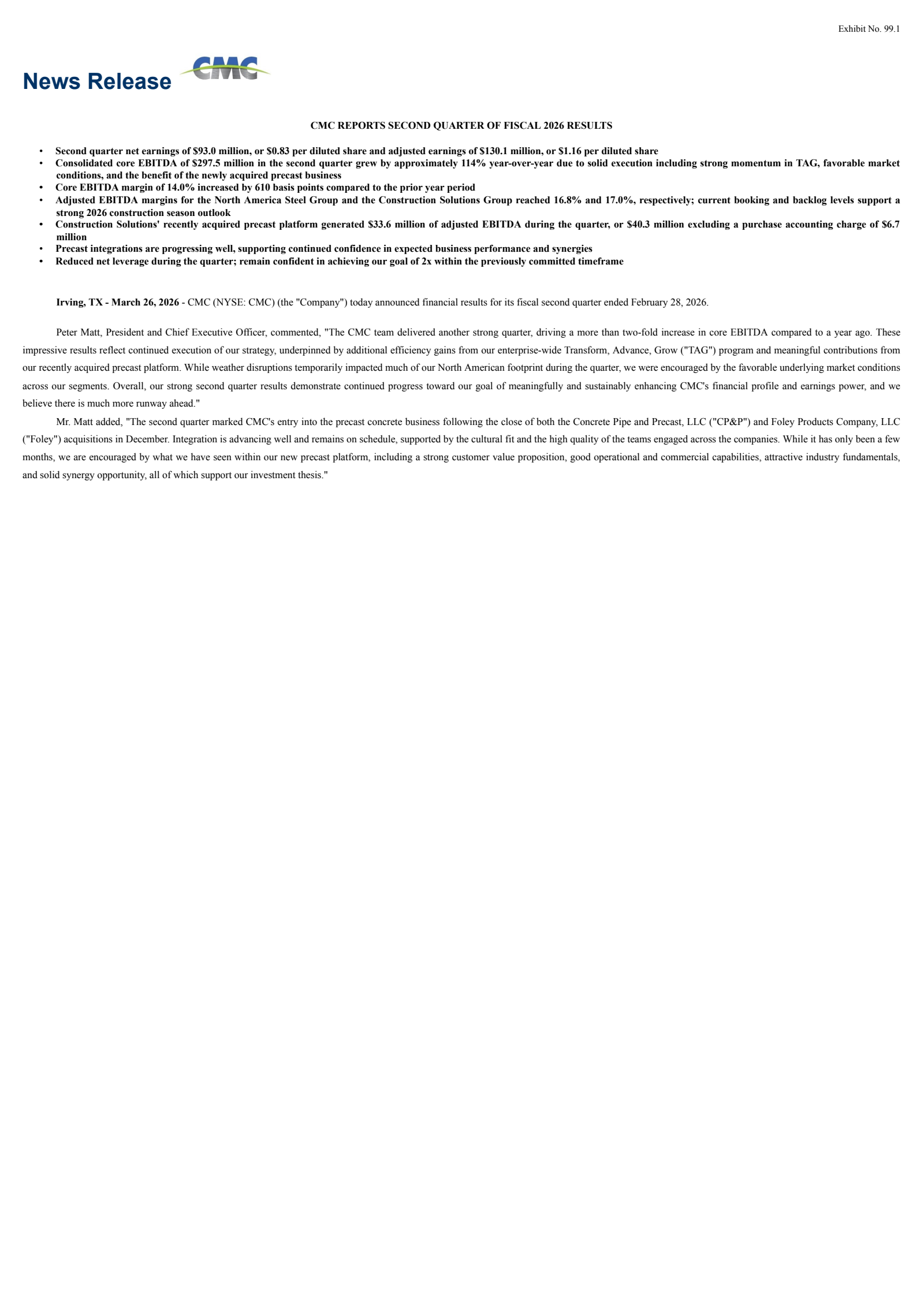 Commercial Metals' Q2 2026 Press Release