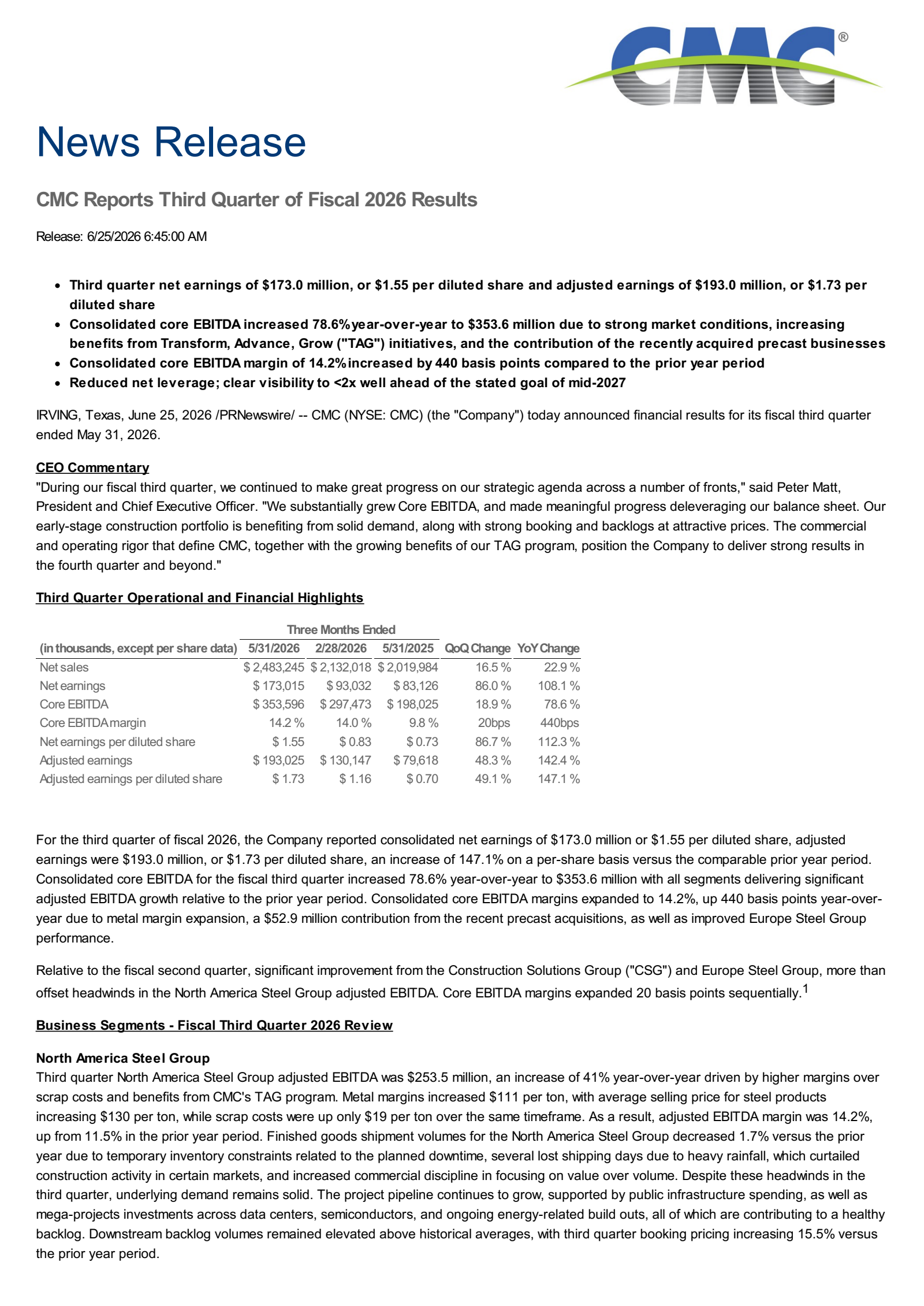 Commercial Metals' Q3 2026 Press Release
