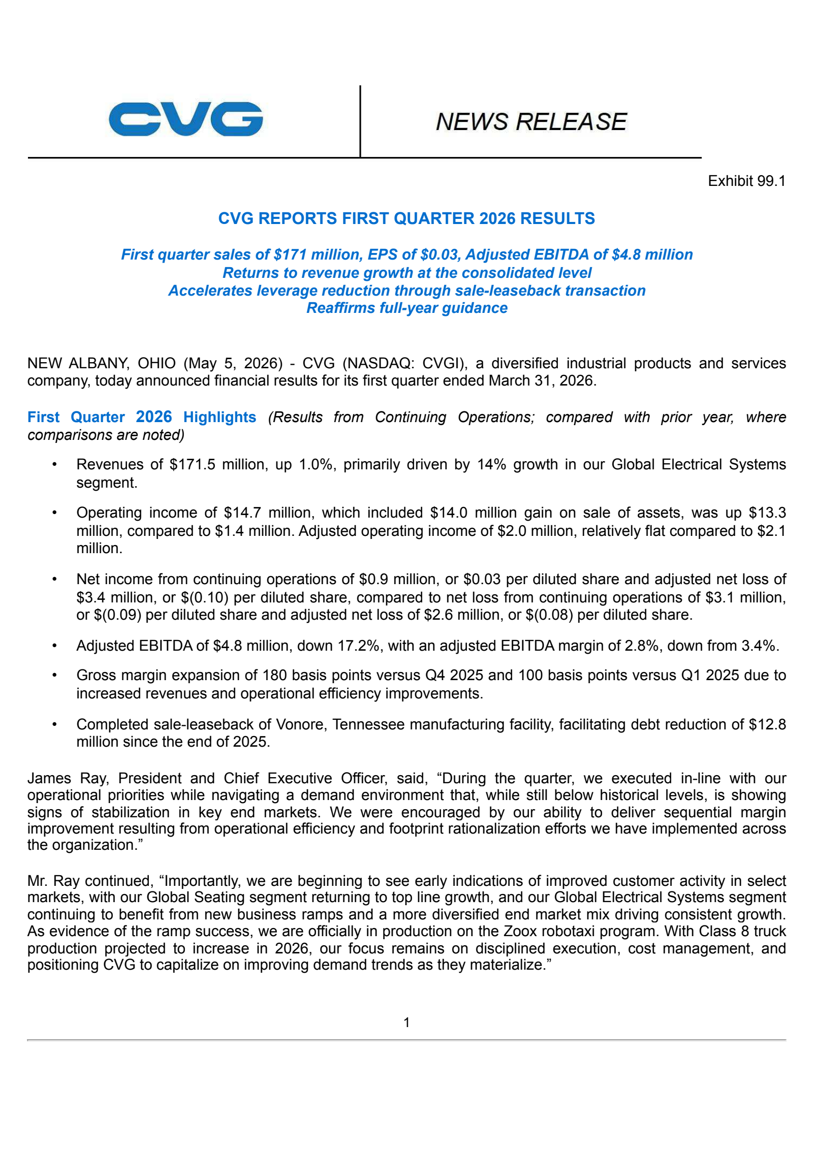 Commercial Vehicle Group's Q1 2026 Press Release