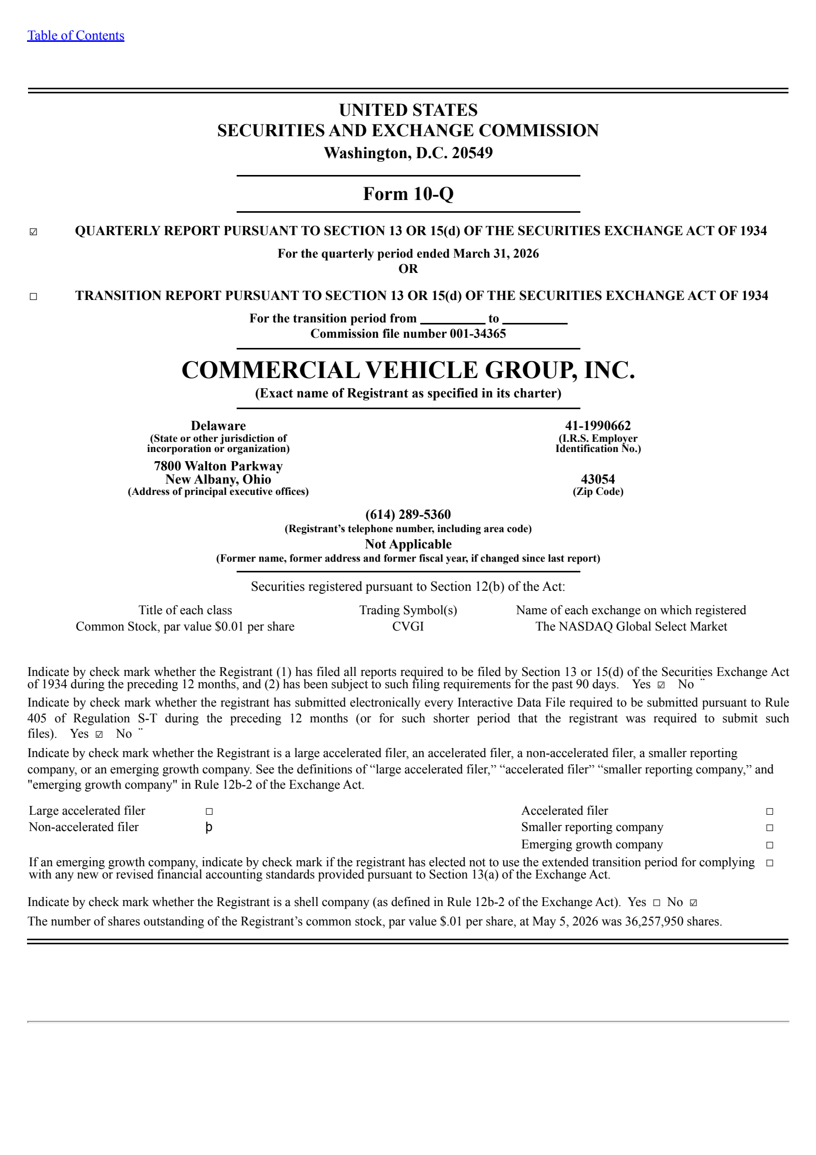 Commercial Vehicle Group's Q1 2026 Quarterly report