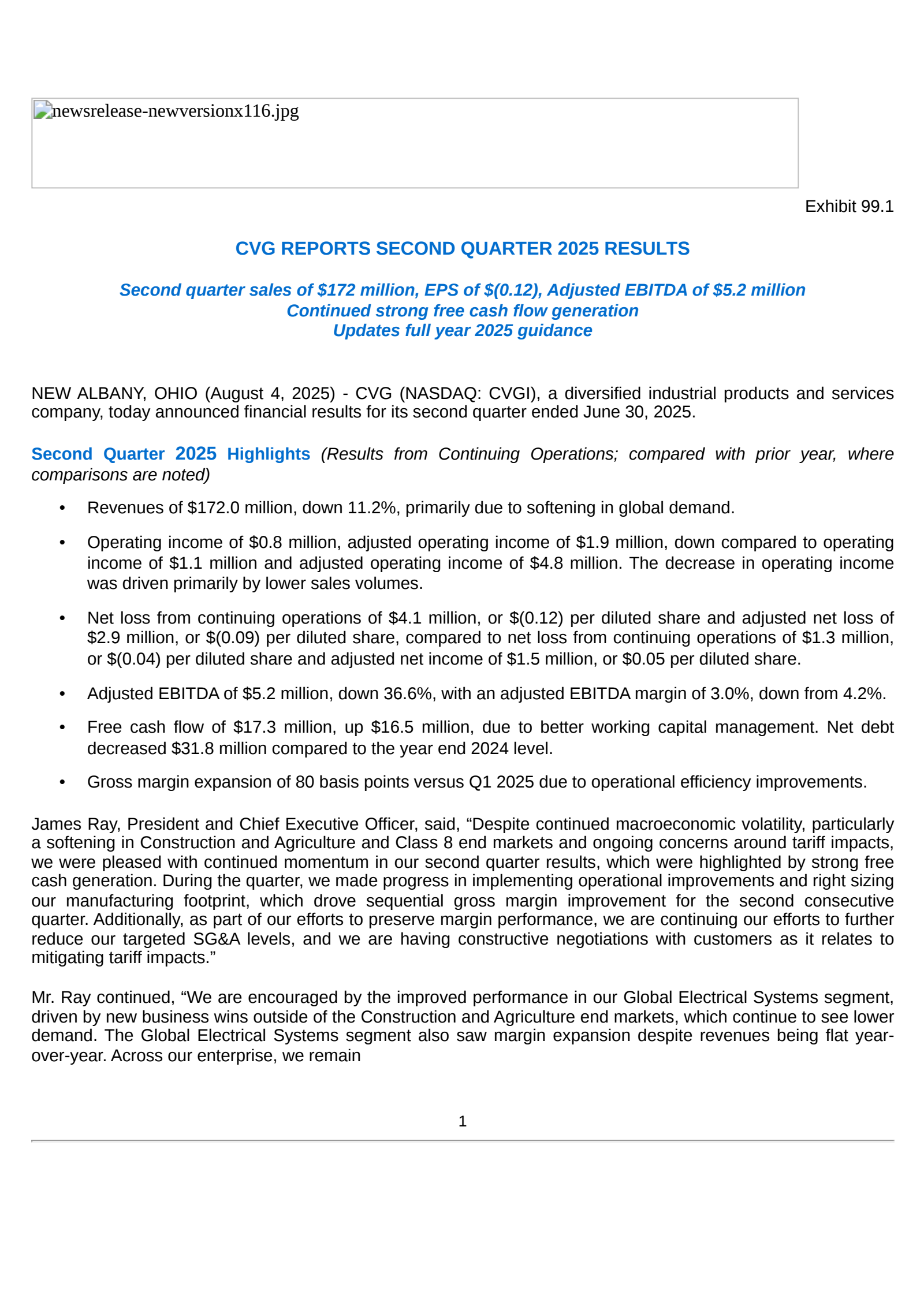 Commercial Vehicle Group's Q2 2025 Press Release