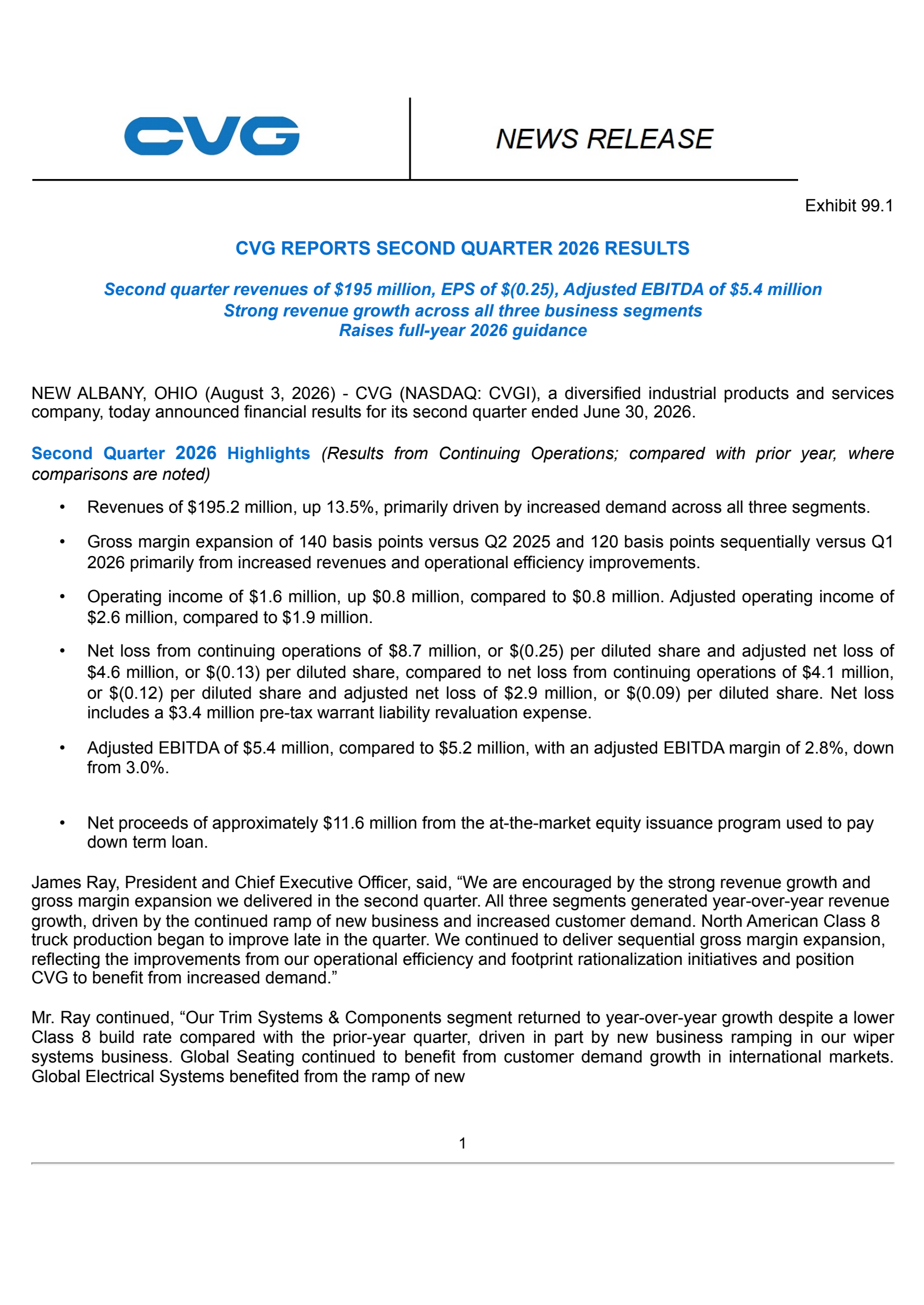 Commercial Vehicle Group's Q2 2026 Press Release