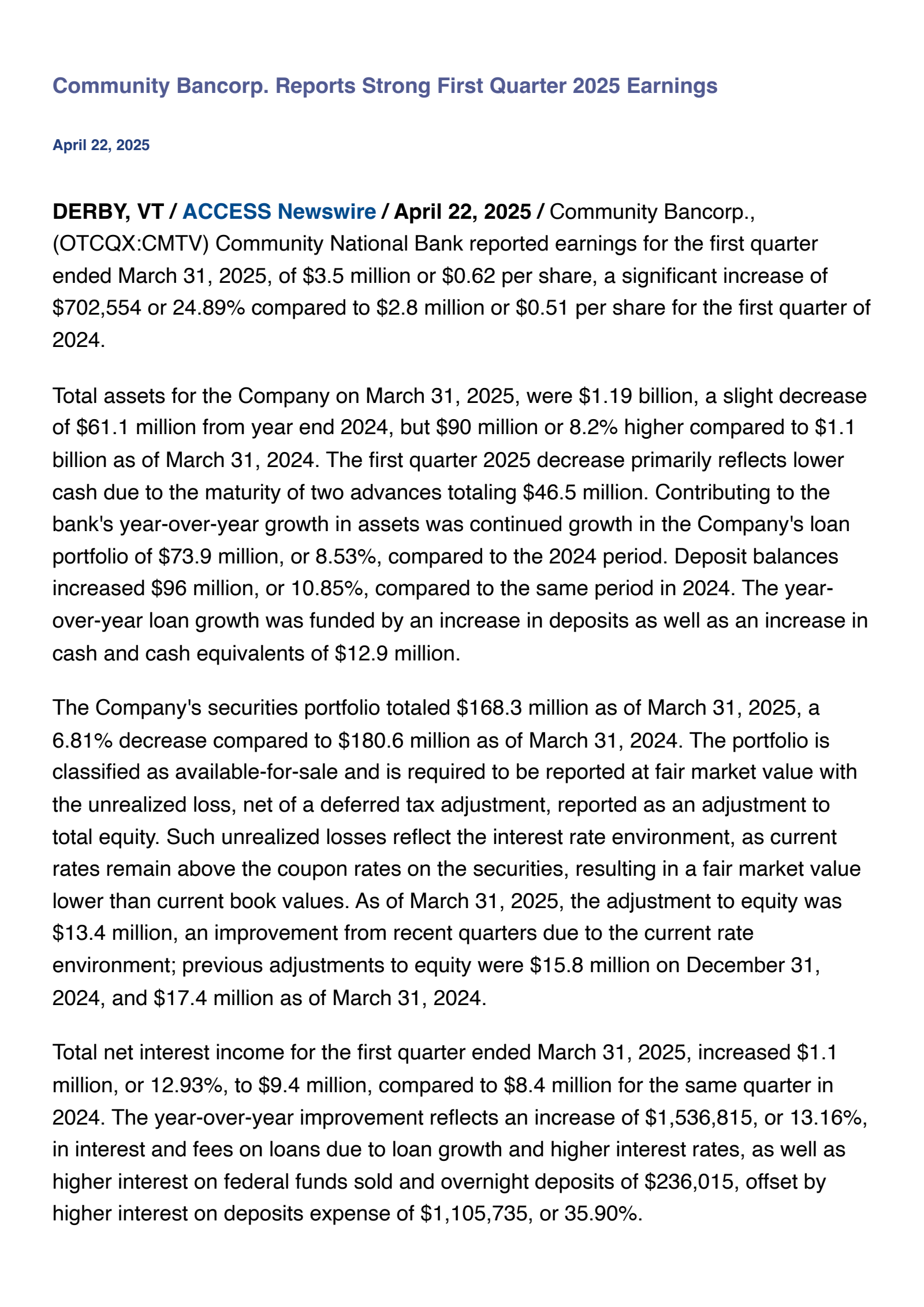 Community Bancorp's Q1 2025 Press Release