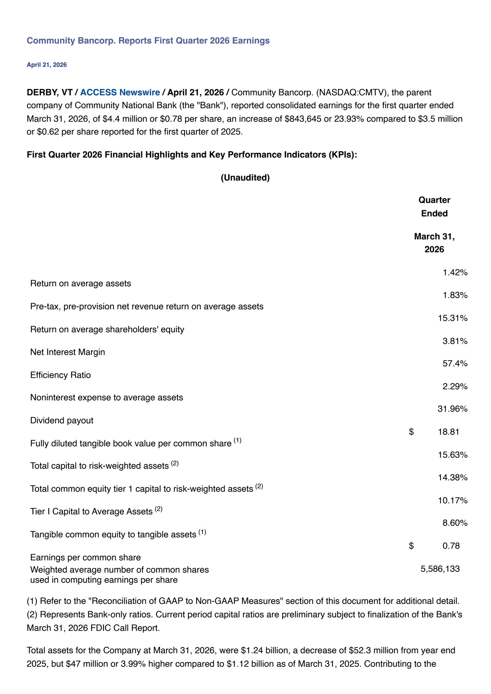 Community Bancorp's Q1 2026 Press Release