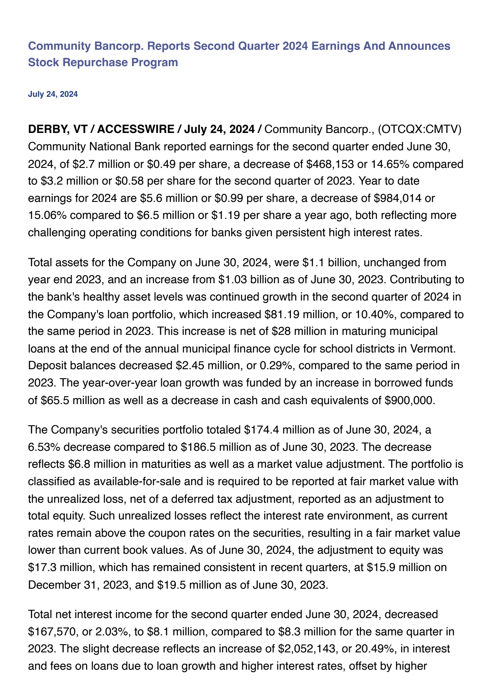 Community Bancorp's Q2 2024 Press Release