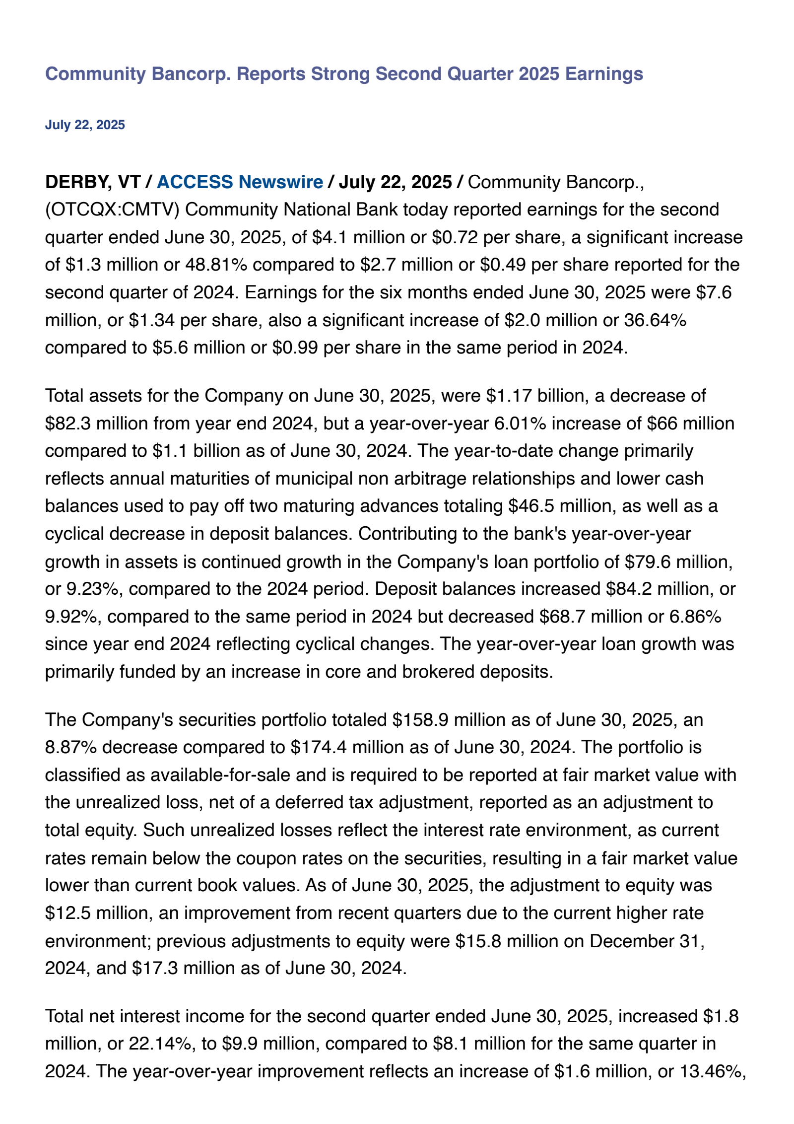 Community Bancorp's Q2 2025 Press Release