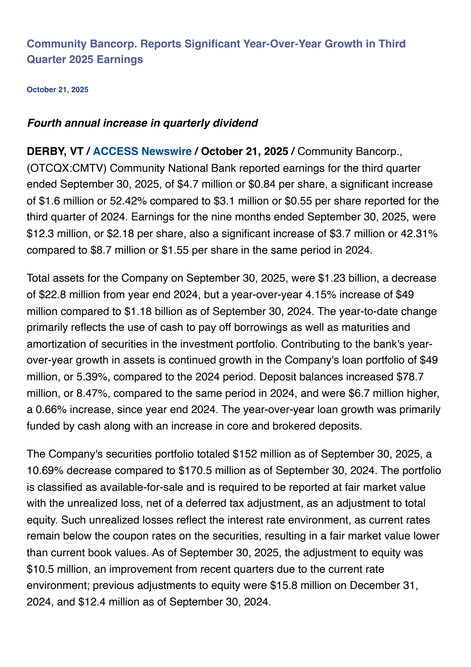 Community Bancorp's Q3 2025 Press Release