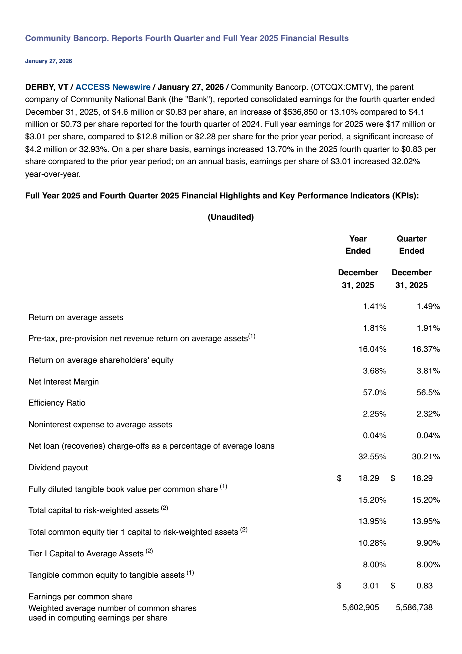 Community Bancorp's Q4 2025 Press Release