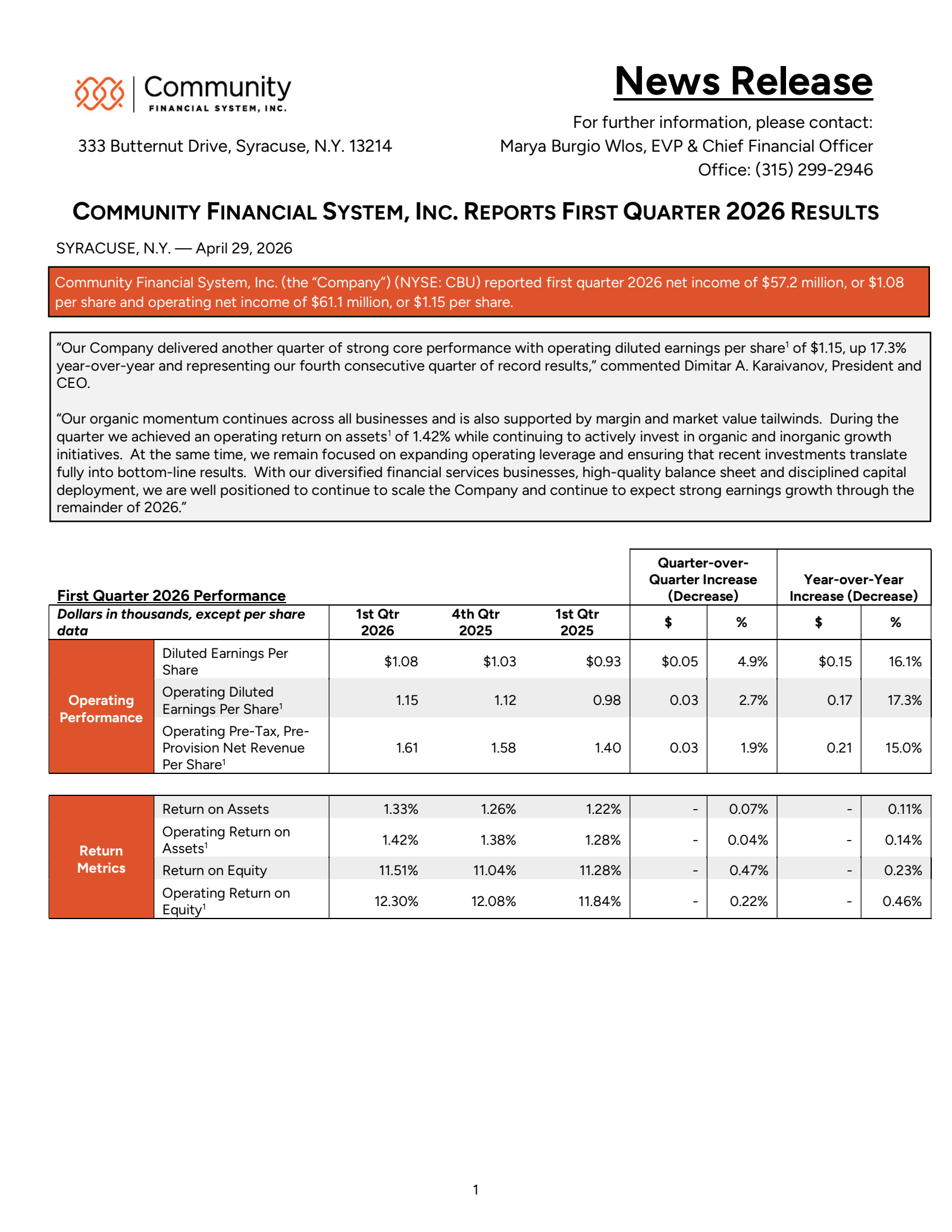 Community Financial System's Q1 2026 Press Release