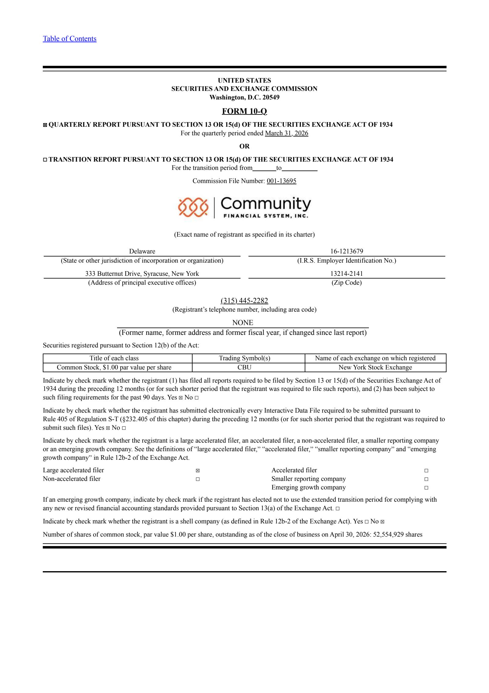 Community Financial System's Q1 2026 Quarterly report