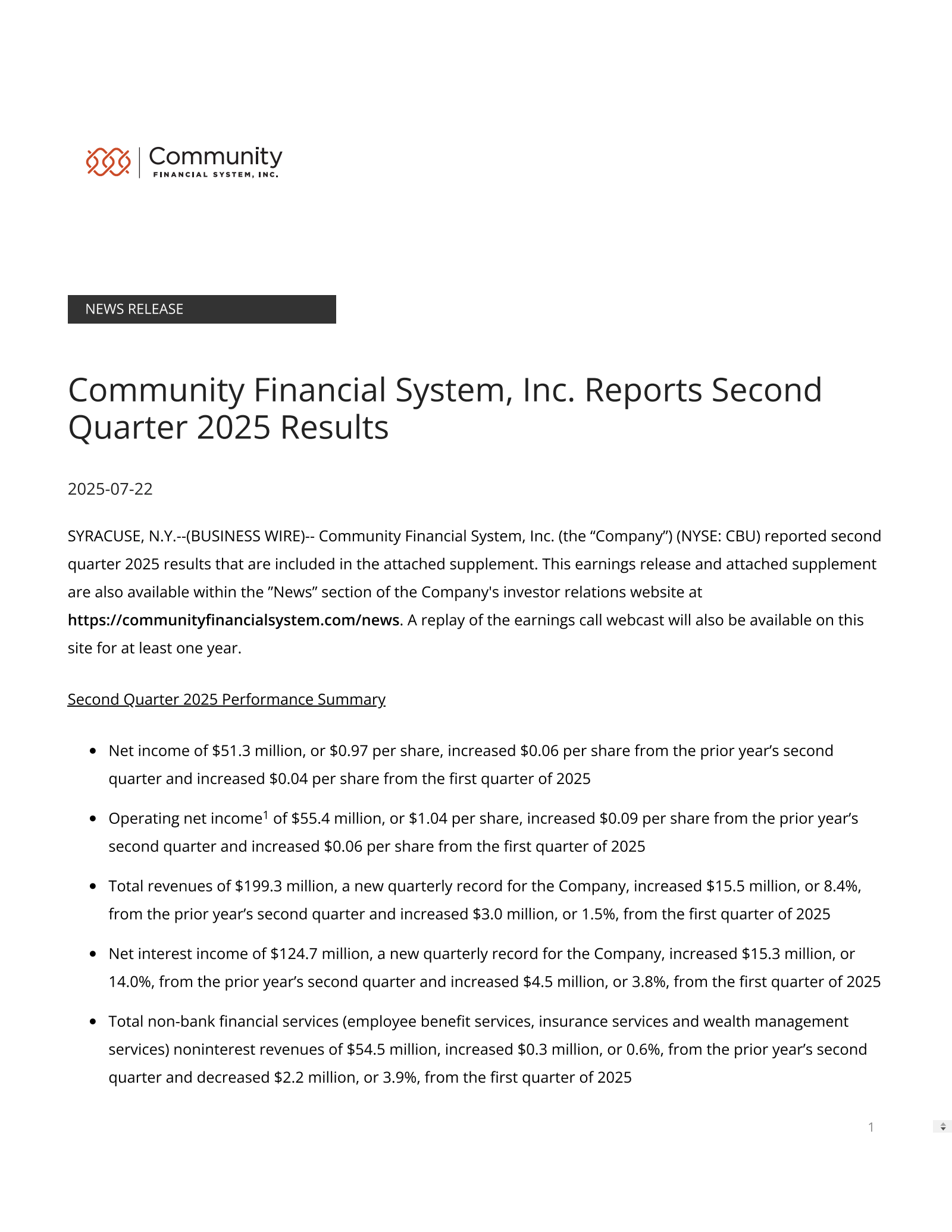 Community Financial System's Q2 2025 Press Release