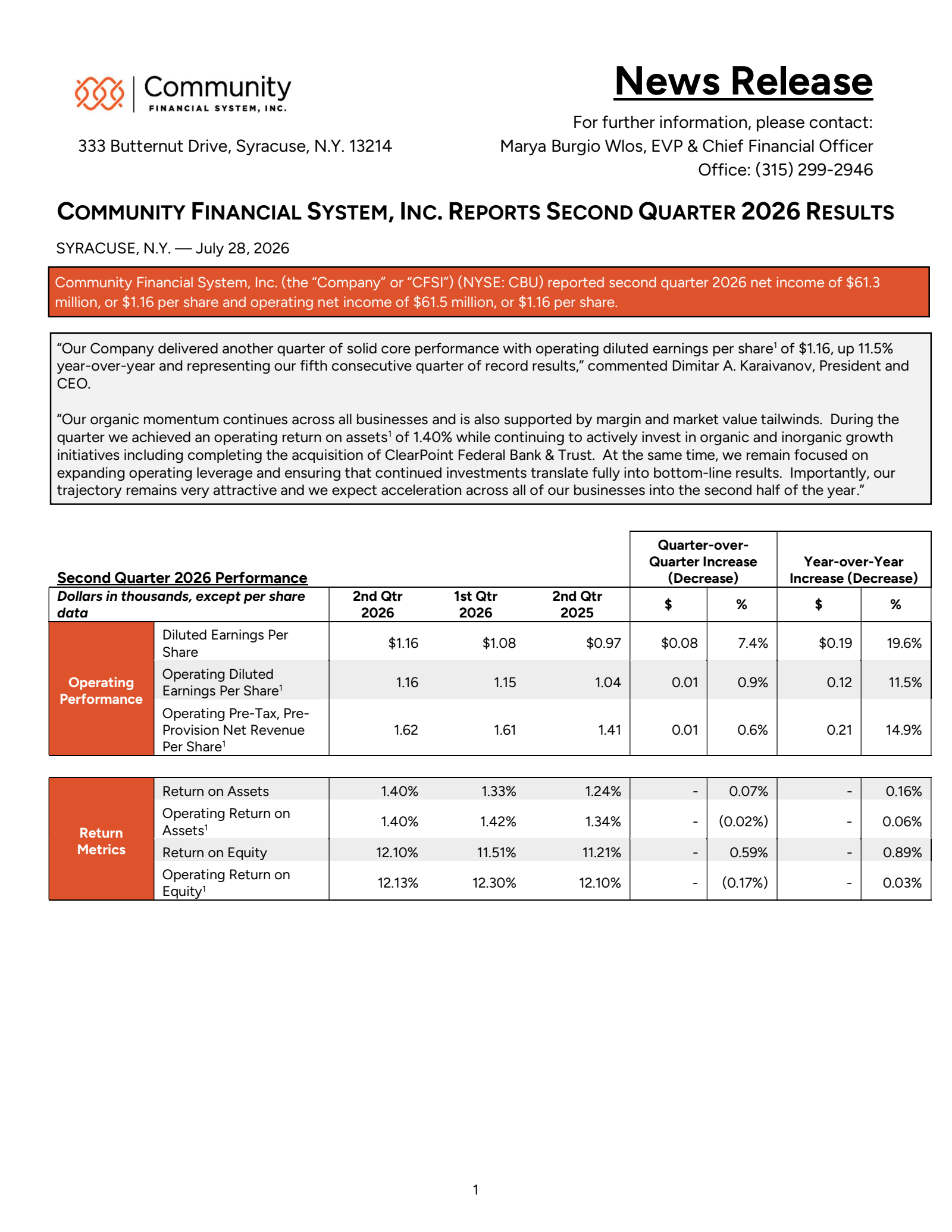 Community Financial System's Q2 2026 Press Release
