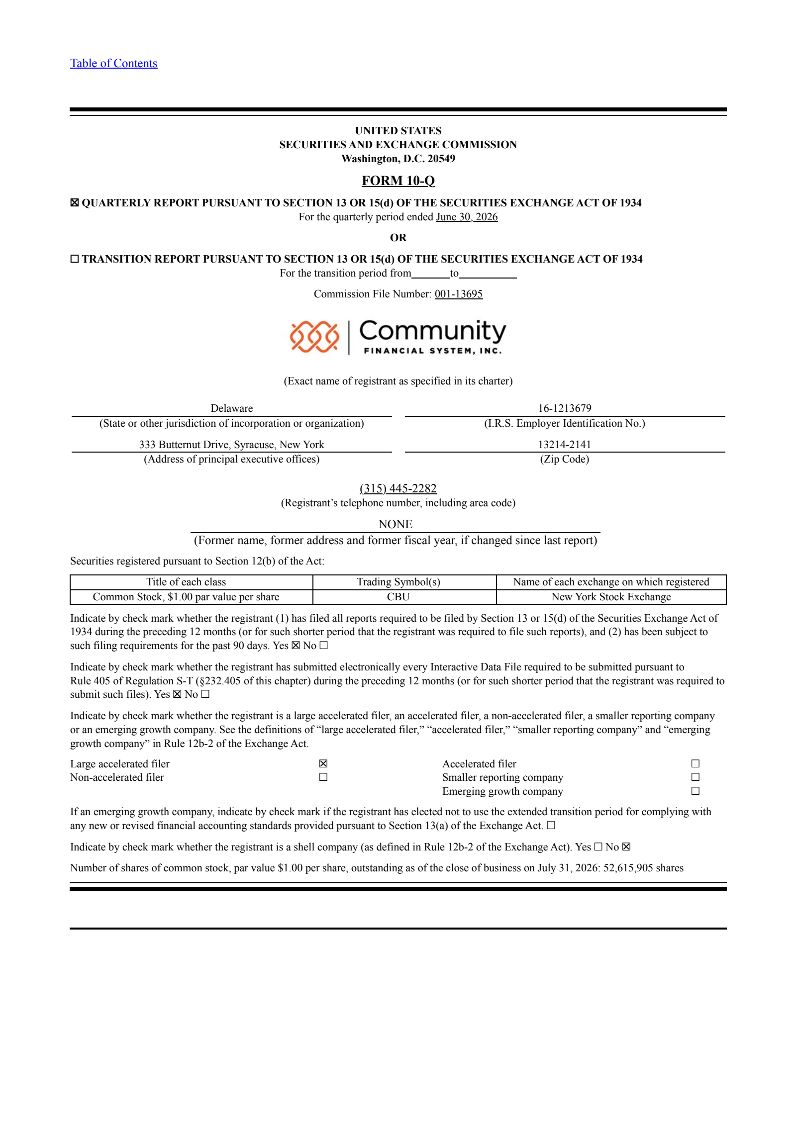 Community Financial System's Q2 2026 Quarterly report