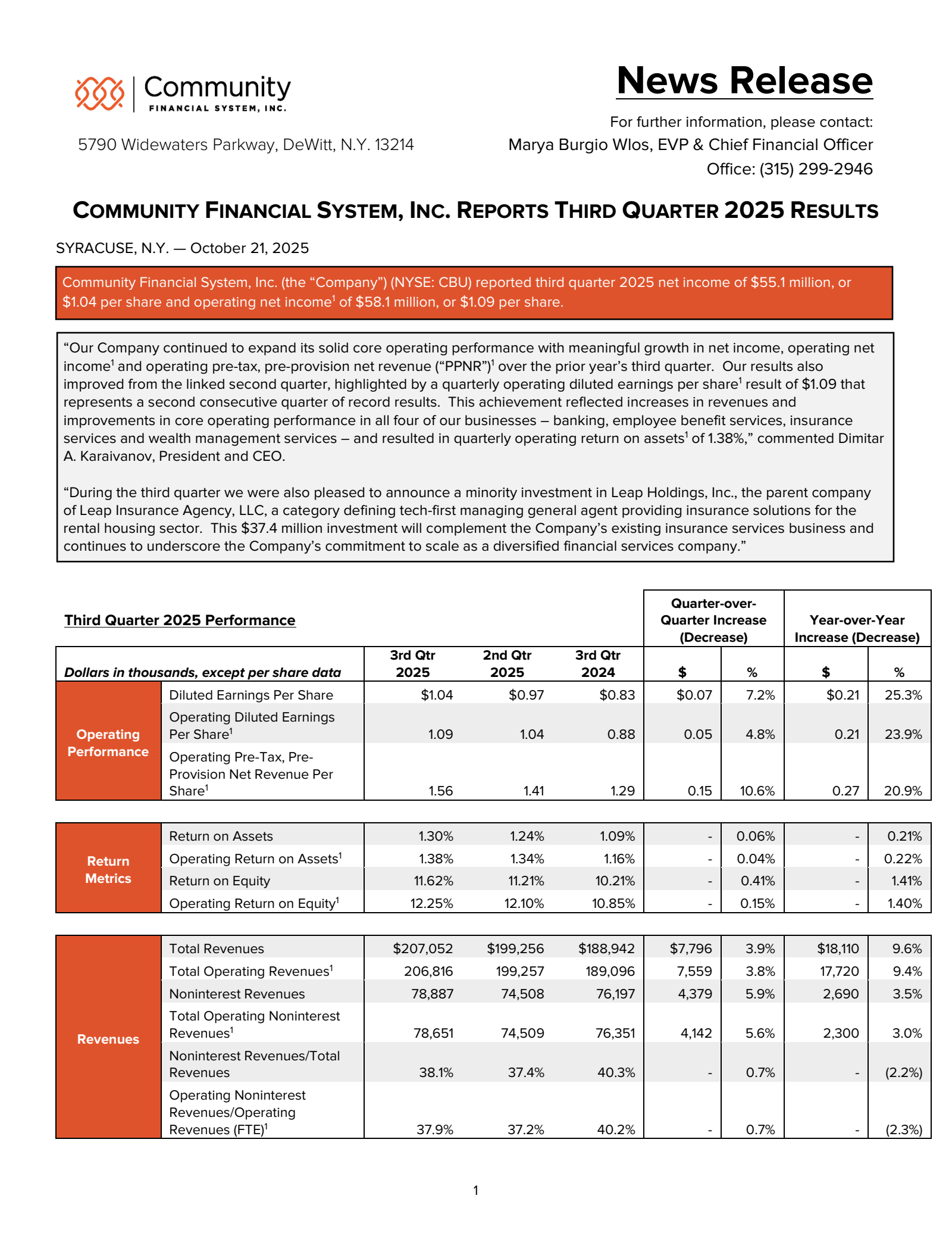 Community Financial System's Q3 2025 Earnings Release