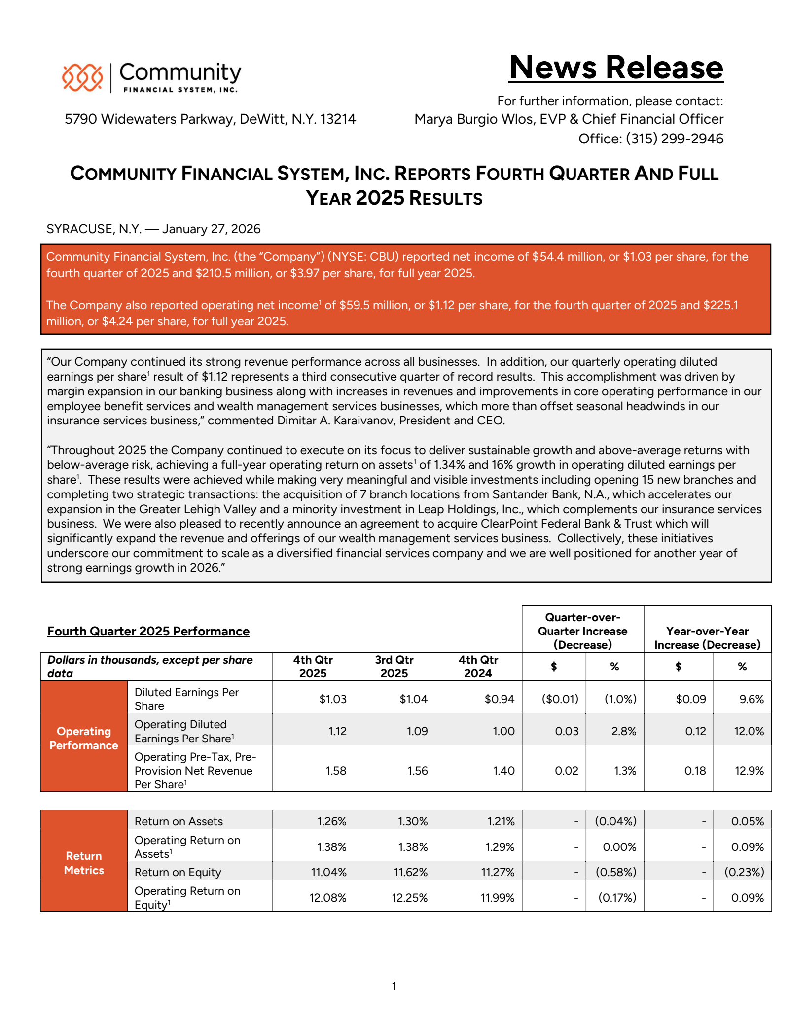 Community Financial System's Q4 2025 Press Release