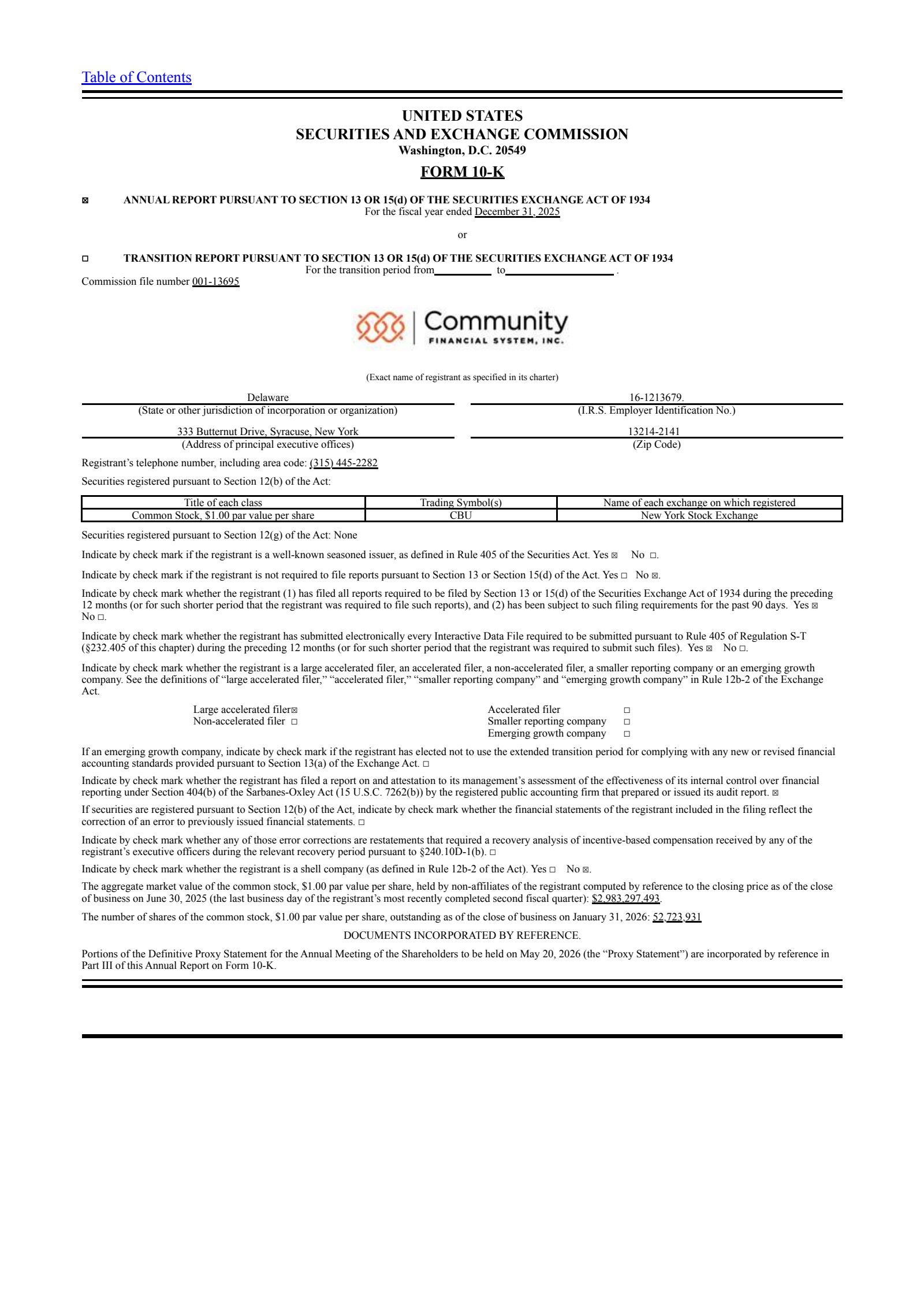 Community Financial System's Q4 2025 Annual report