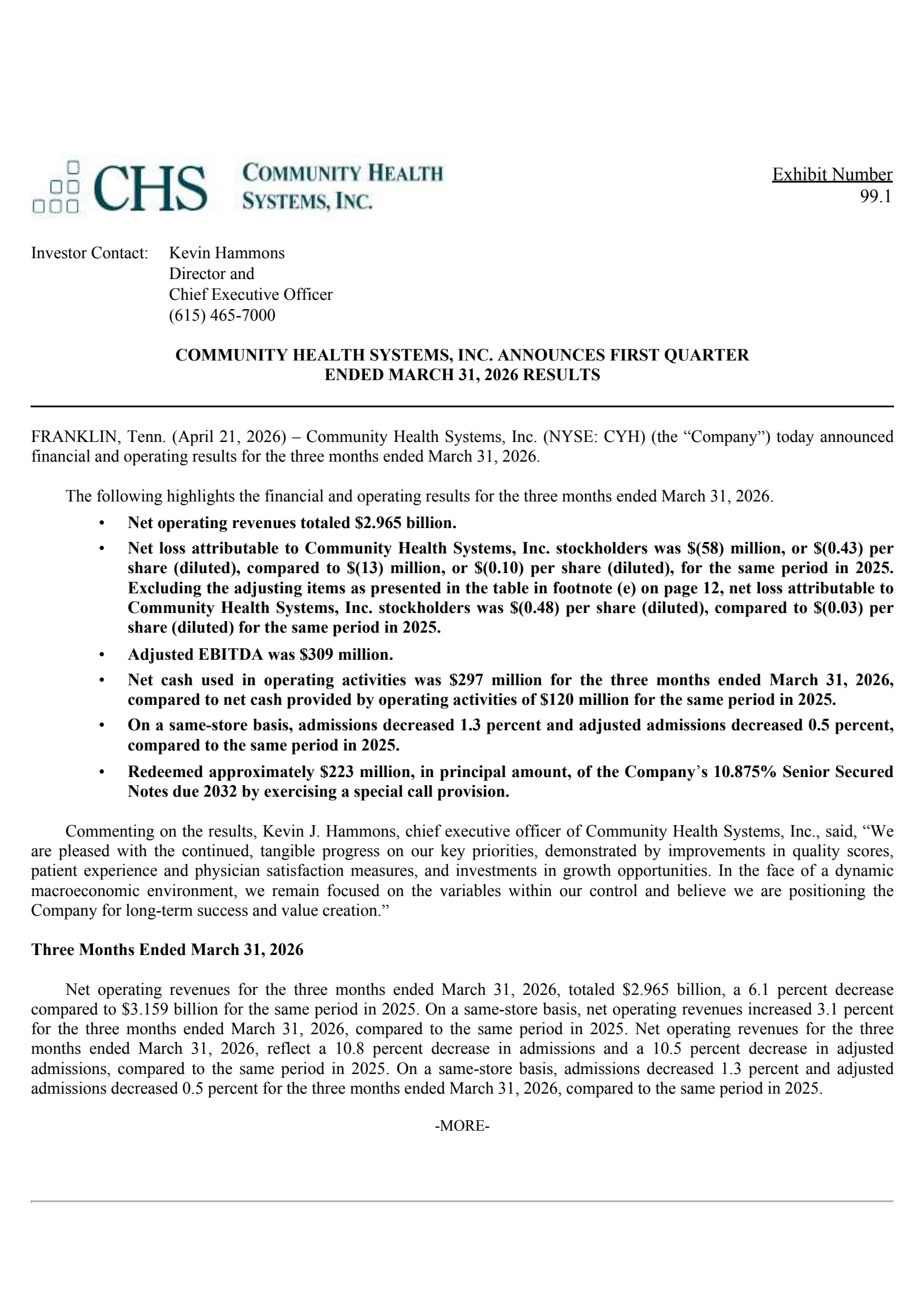 Community Health Systems' Q1 2026 Press Release