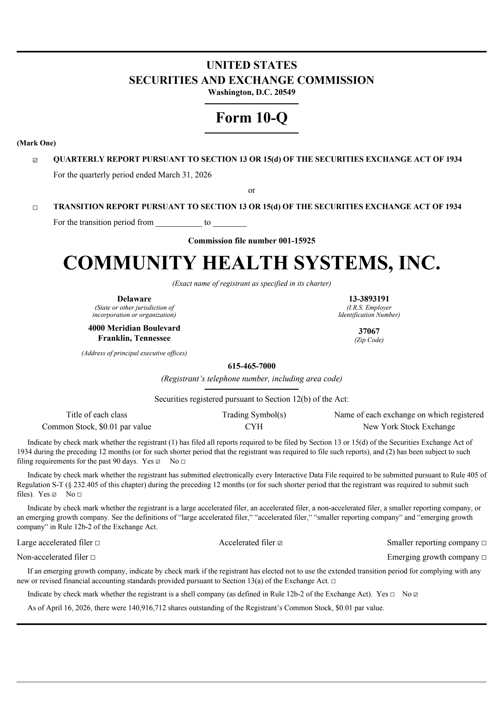 Community Health Systems' Q1 2026 Quarterly report