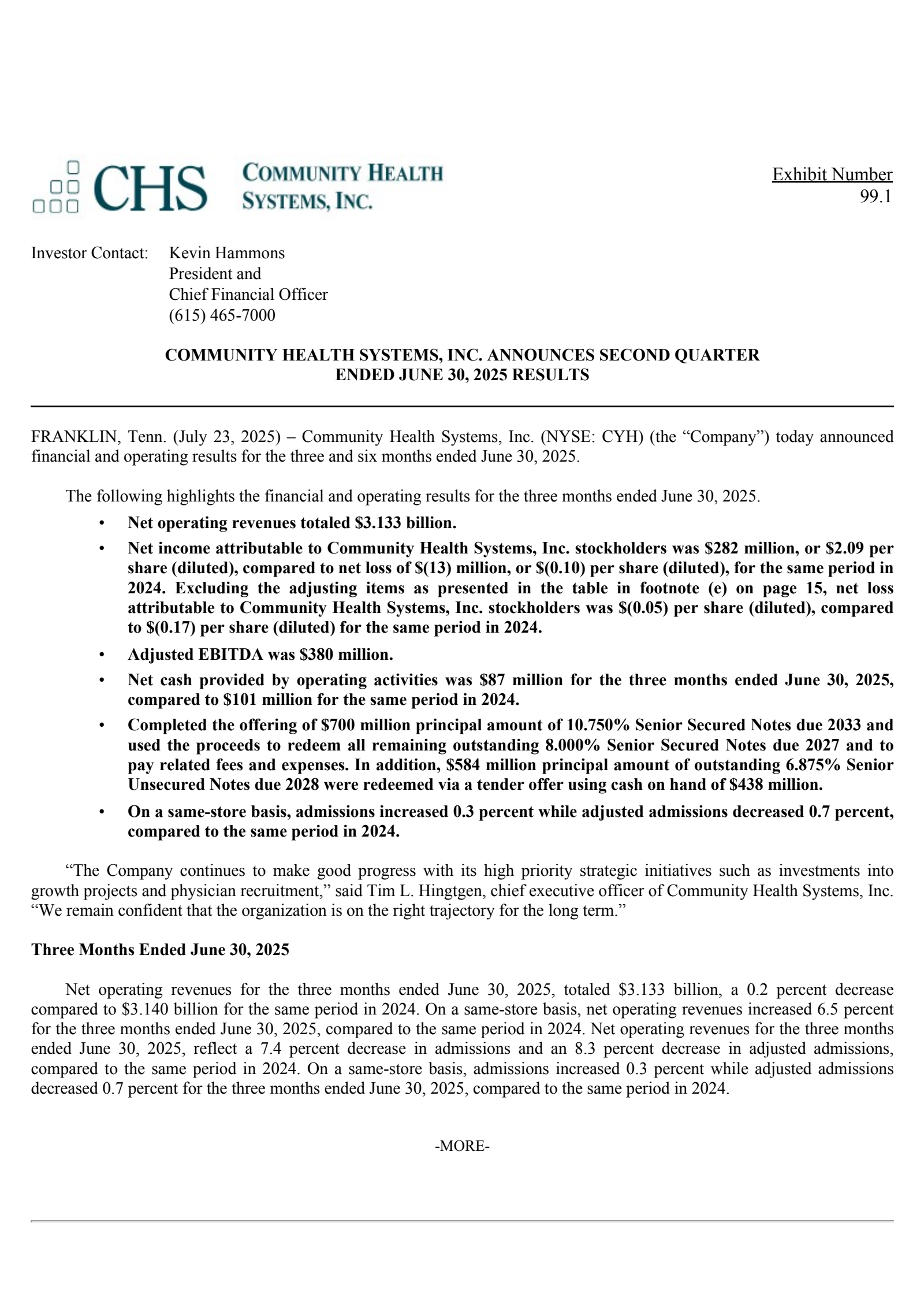 Community Health Systems' Q2 2025 Press Release