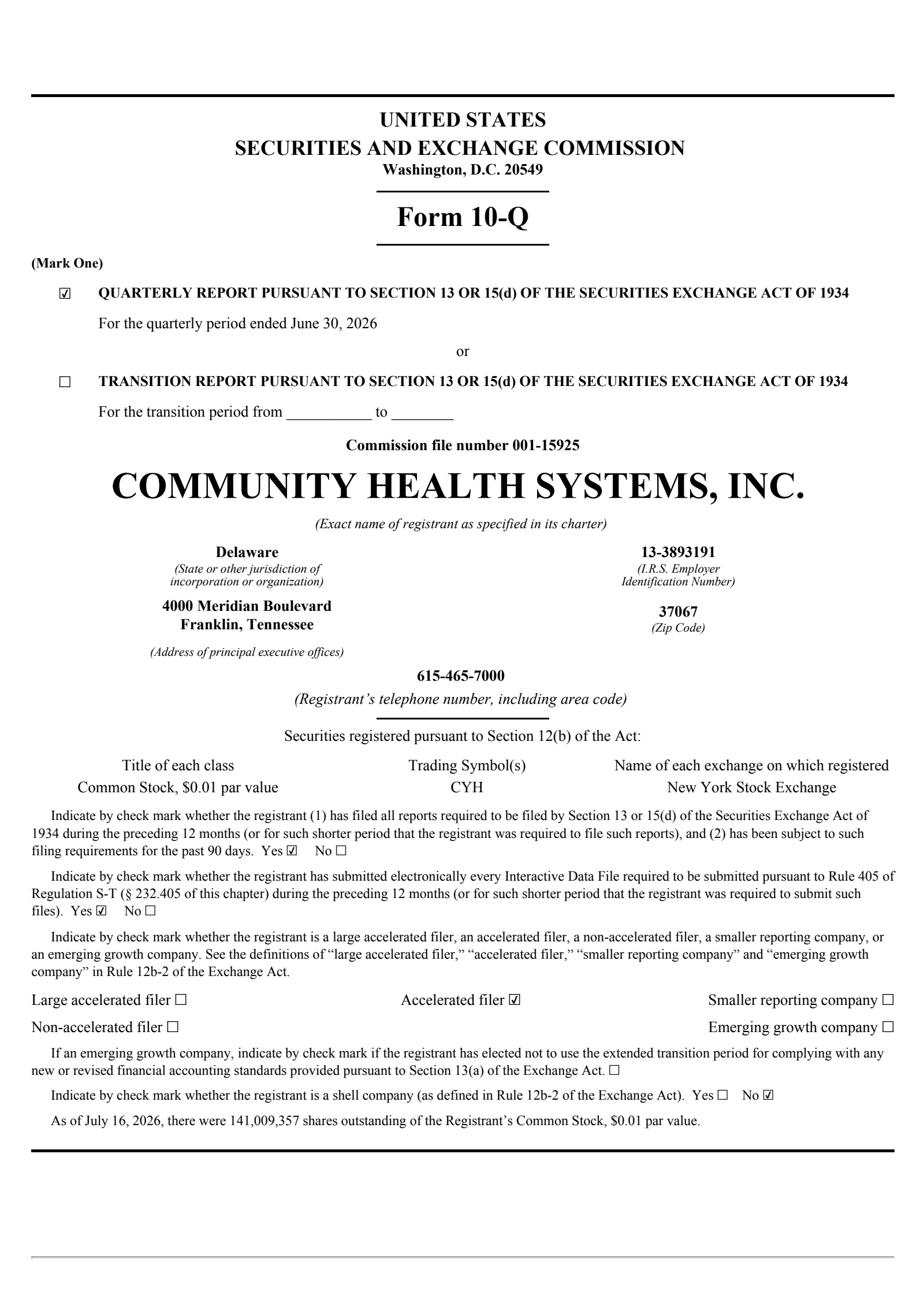 Community Health Systems' Q2 2026 Quarterly report