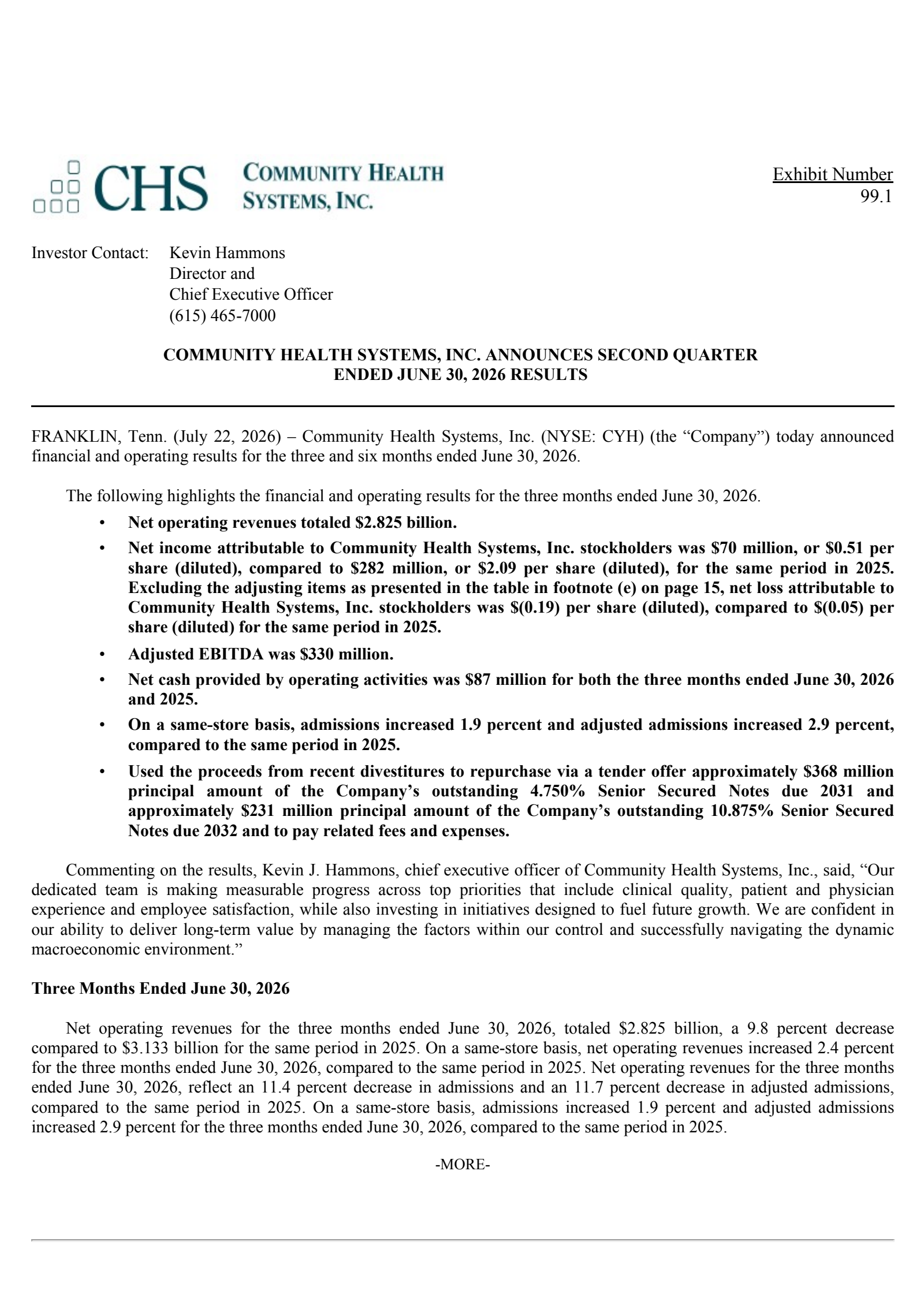 Community Health Systems' Q2 2026 Press Release