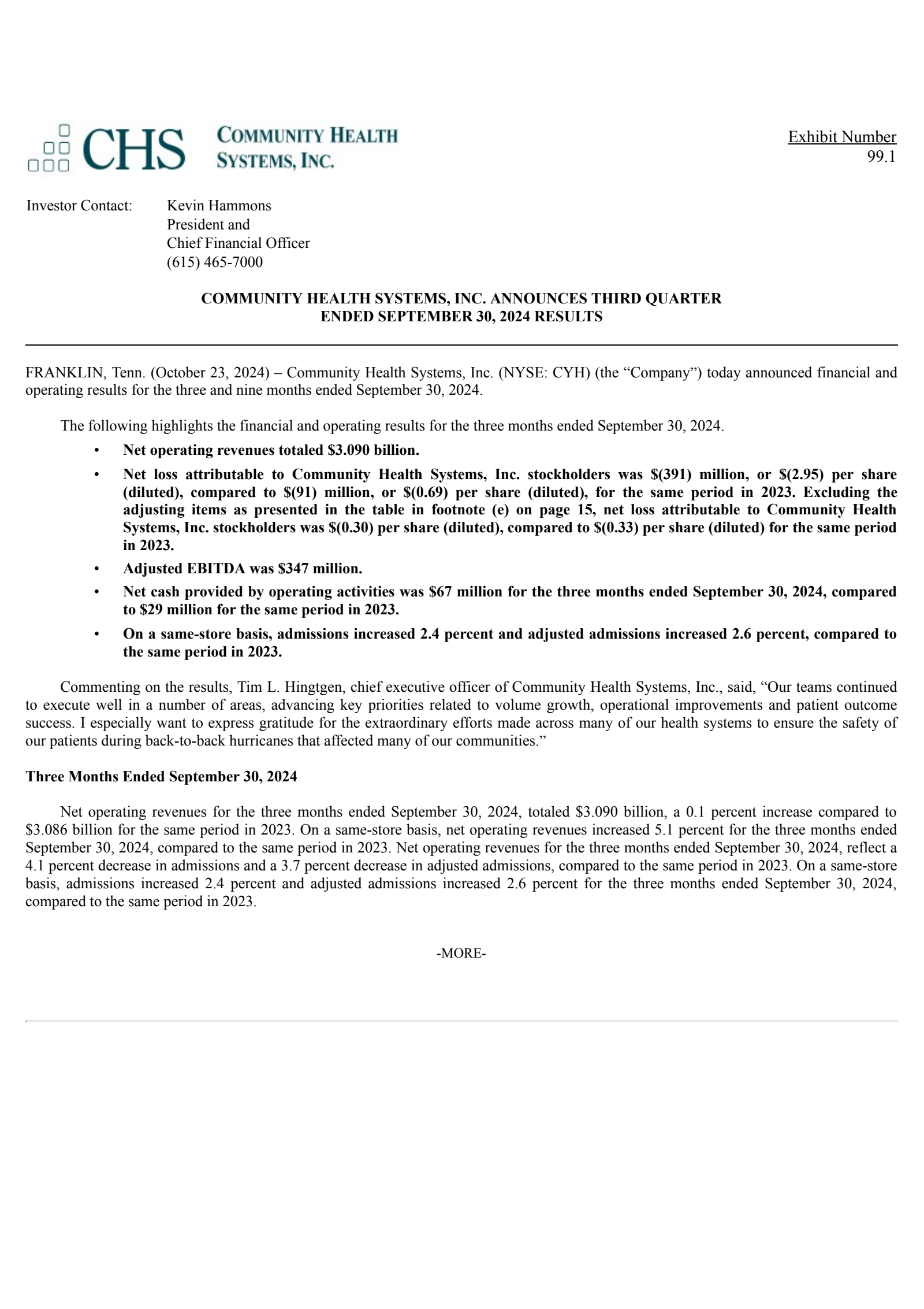 Community Health Systems' Q3 2024 Earnings Release