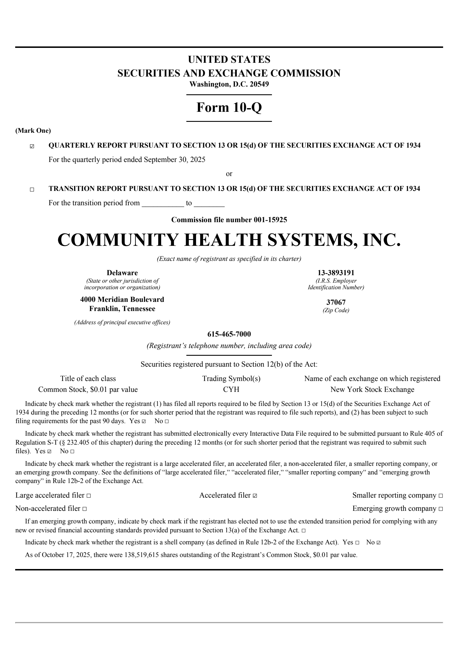 Community Health Systems' Q3 2025 Quarterly Report