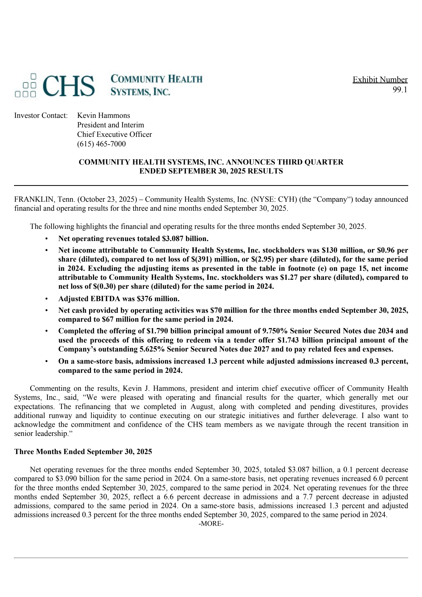 Community Health Systems' Q3 2025 Earnings Release