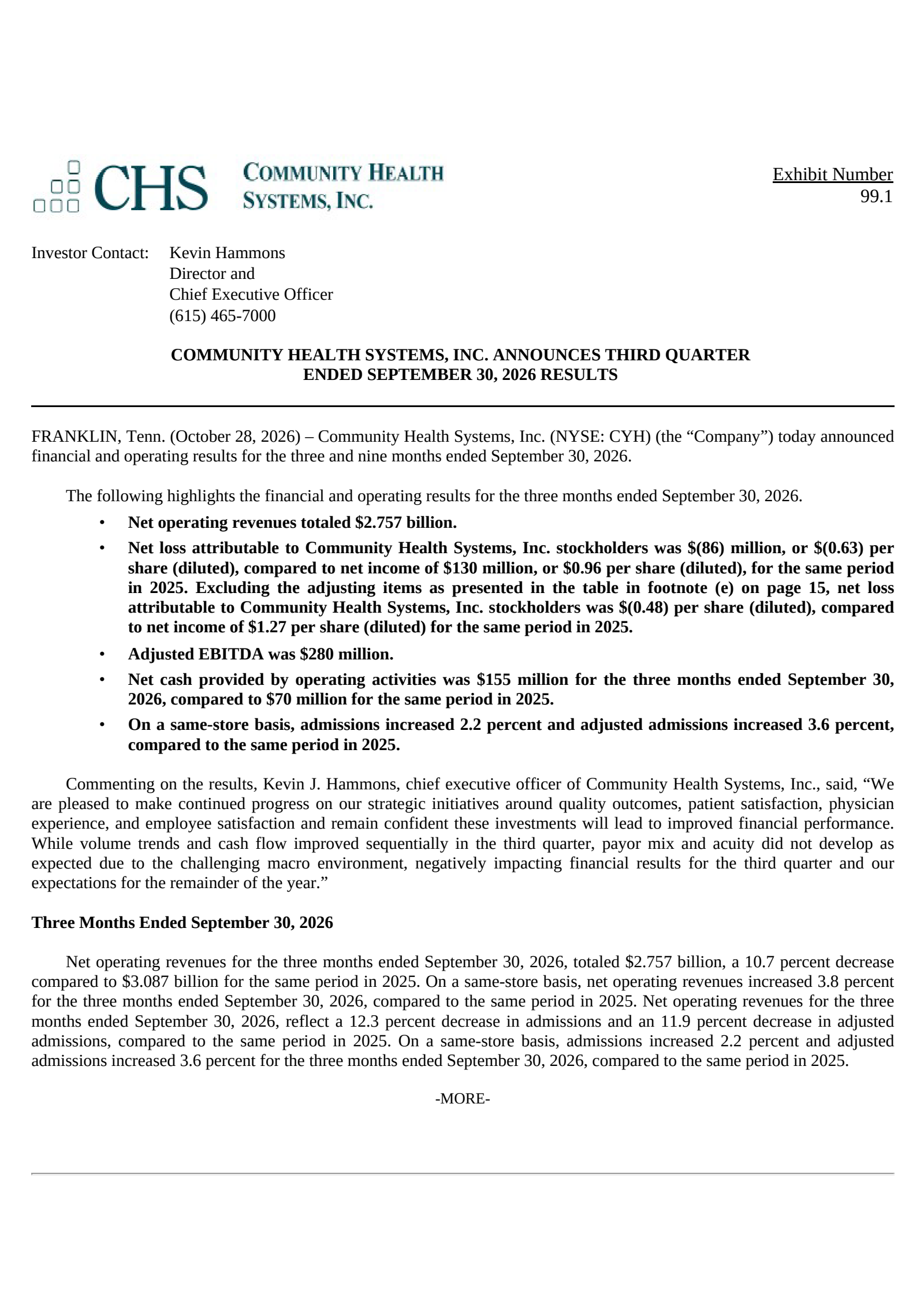 Community Health Systems' Q3 2026 Press Release