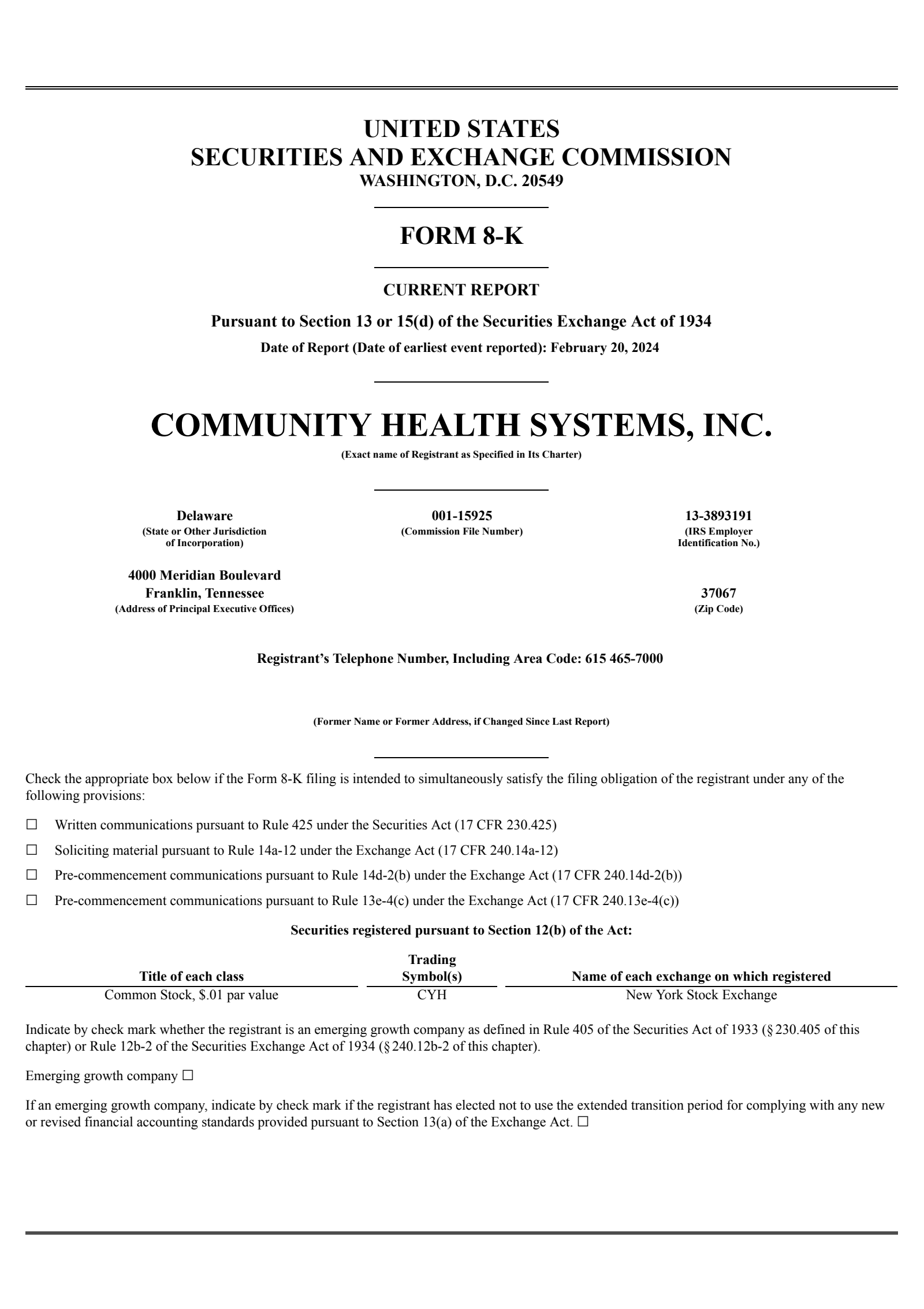 Community Health Systems' Q4 2023 Earnings Release