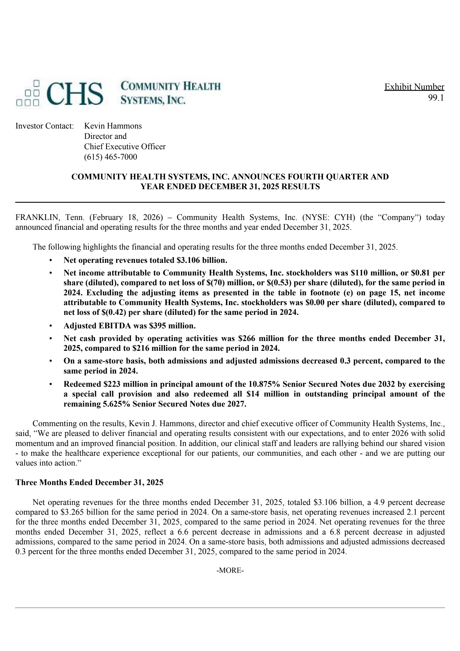 Community Health Systems' Q4 2025 Press Release