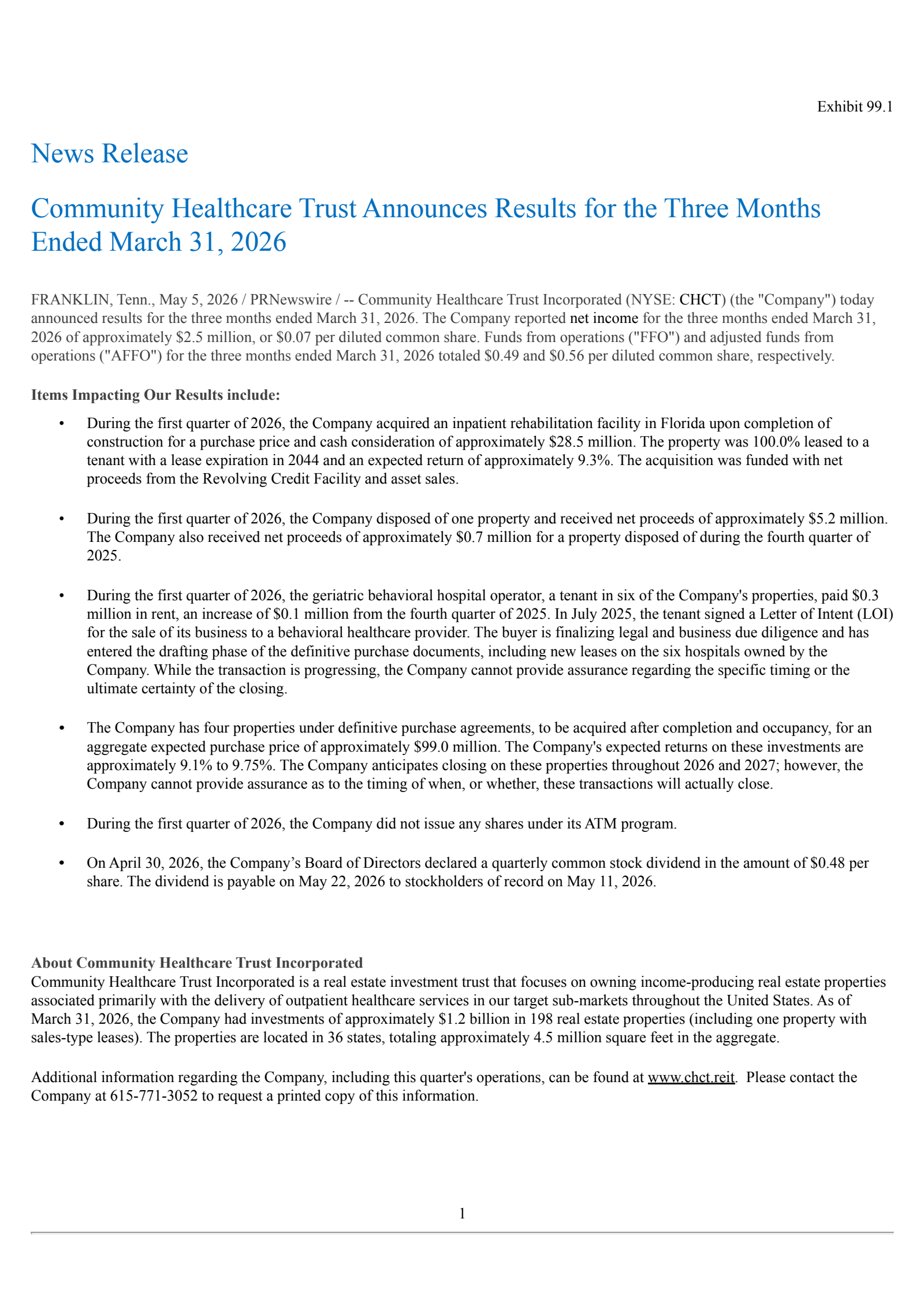 Community Healthcare Trust's Q1 2026 Press Release