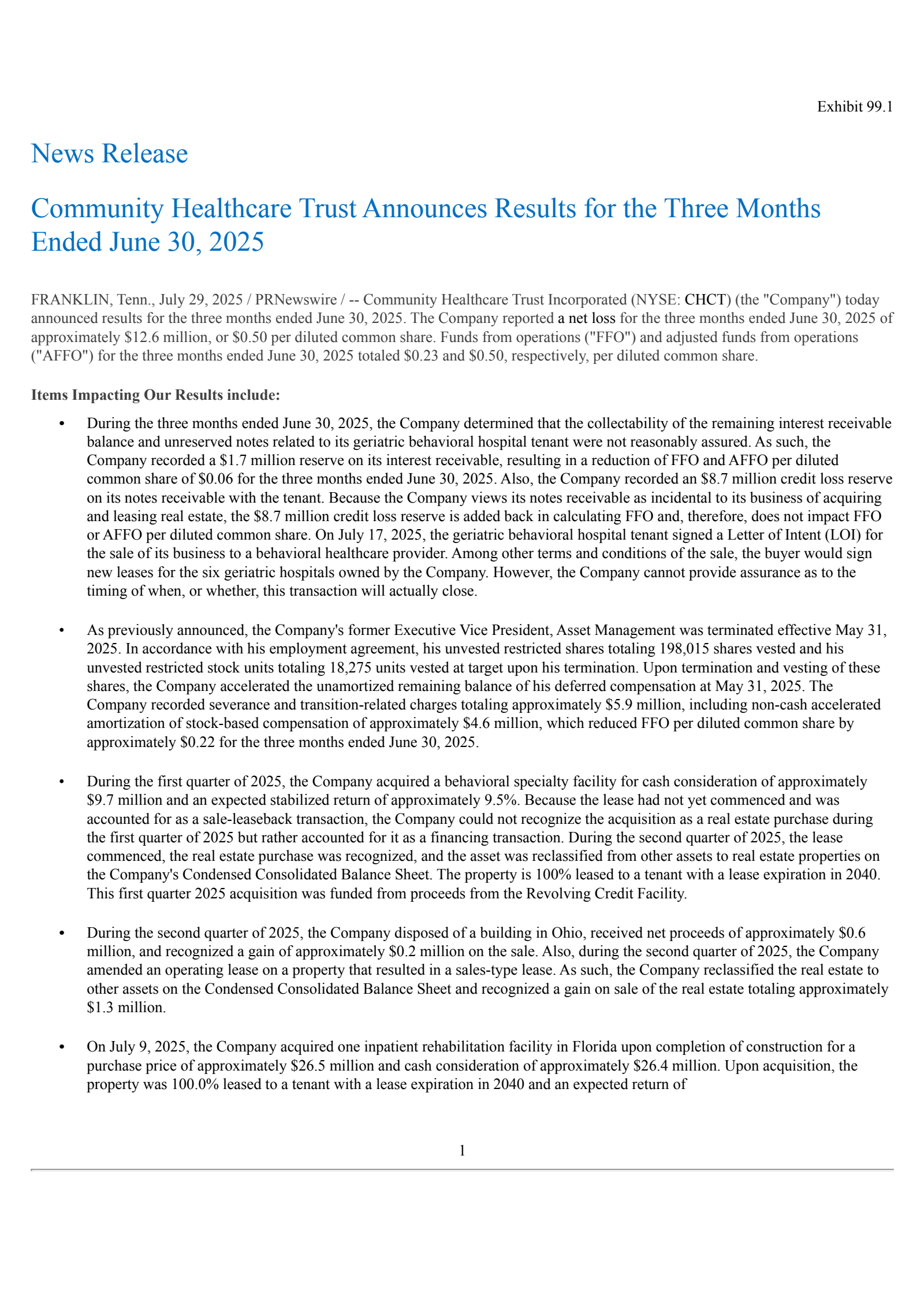 Community Healthcare Trust's Q2 2025 Press Release
