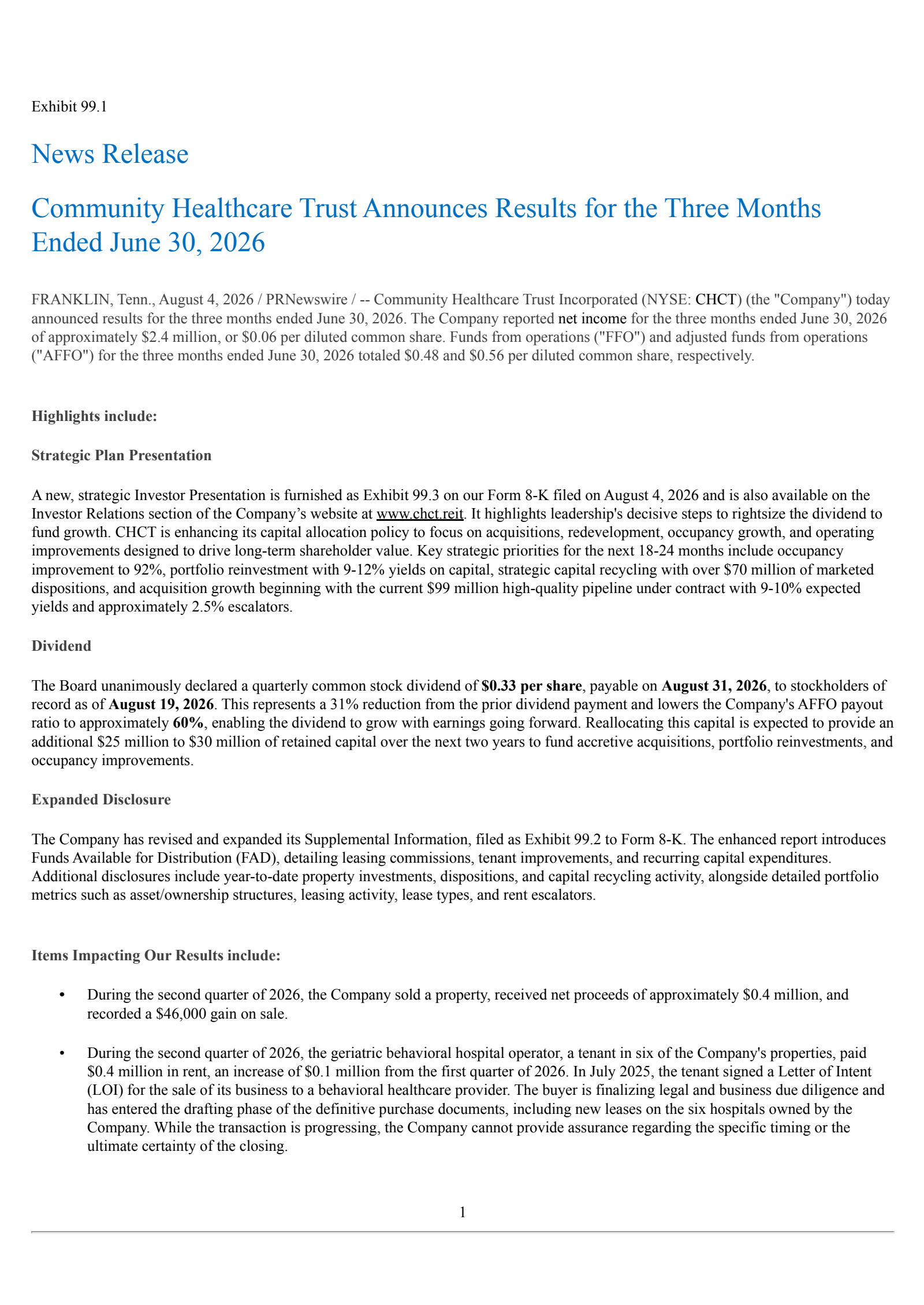 Community Healthcare Trust's Q2 2026 Press Release