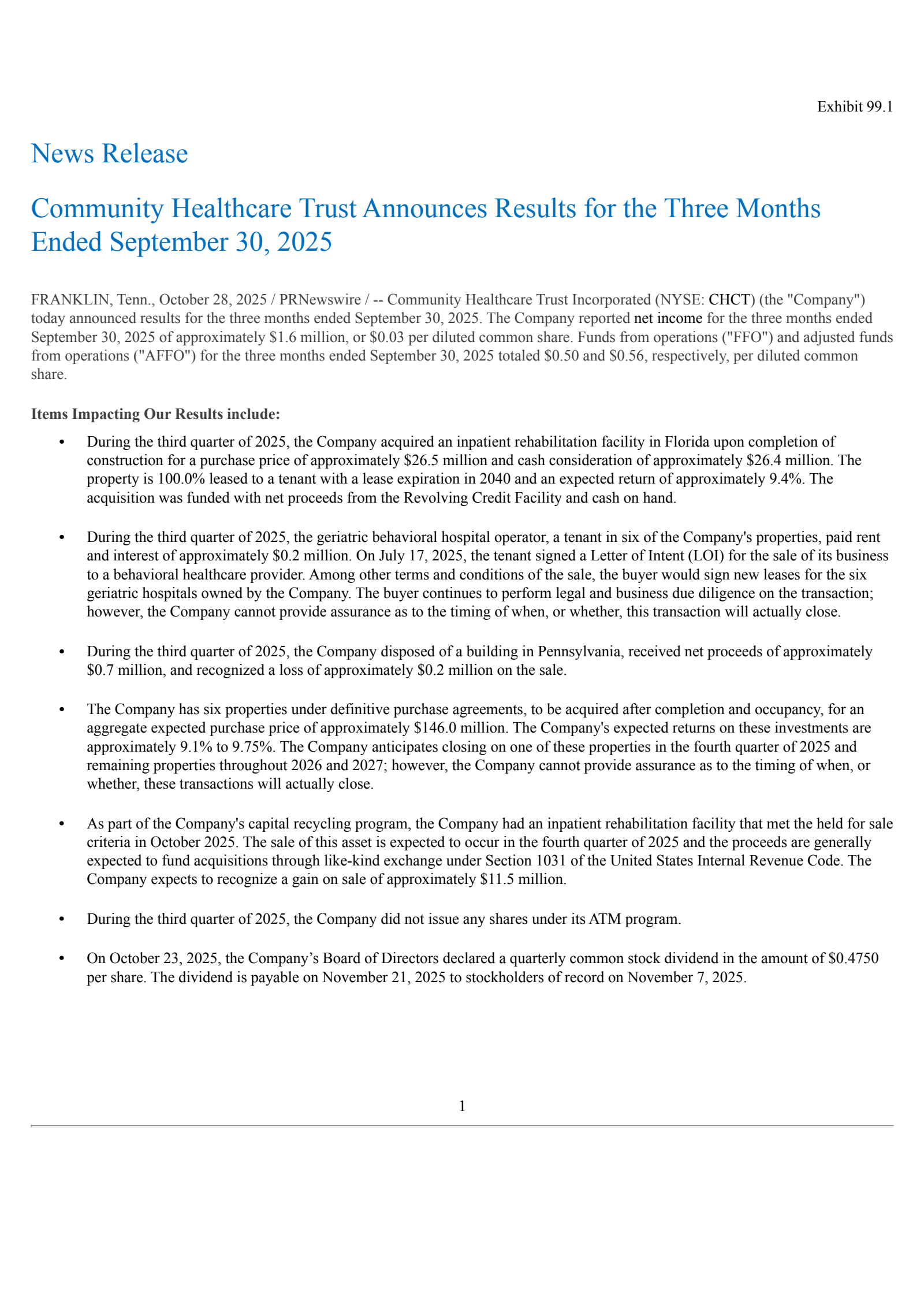 Community Healthcare Trust's Q3 2025 Earnings Release