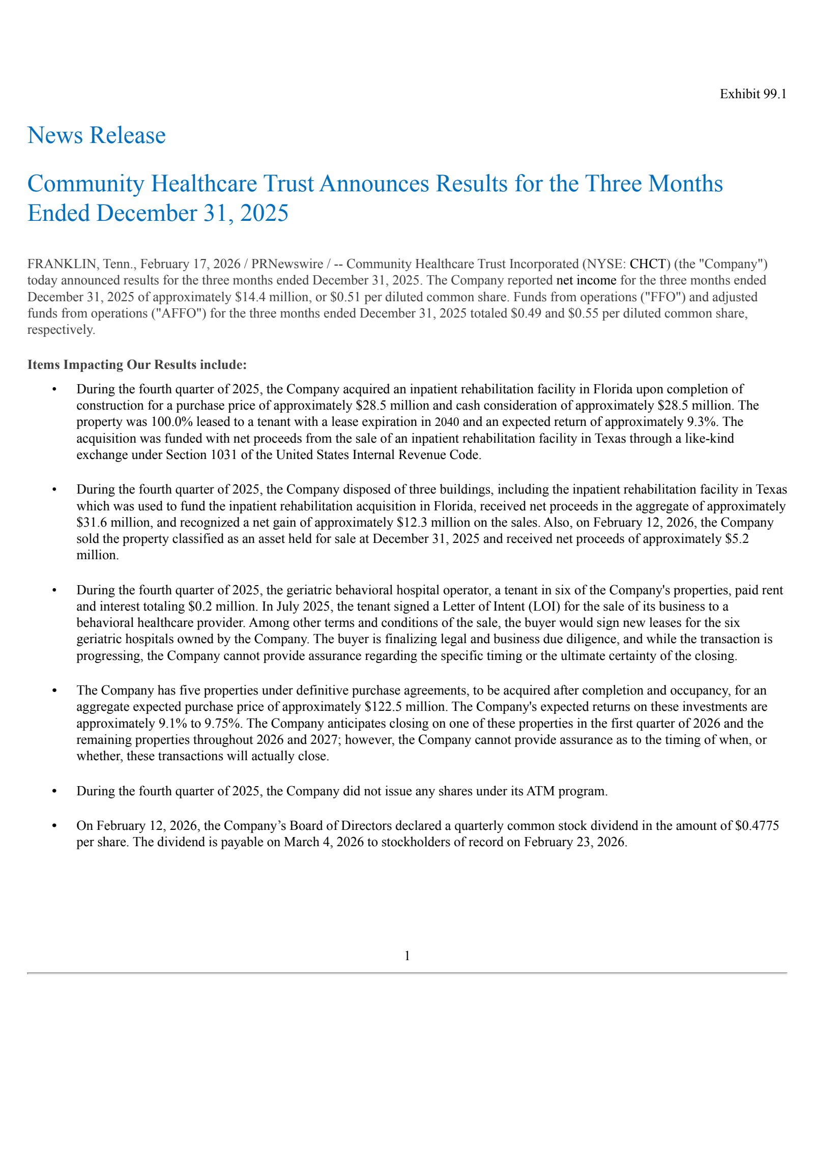 Community Healthcare Trust's Q4 2025 Press Release