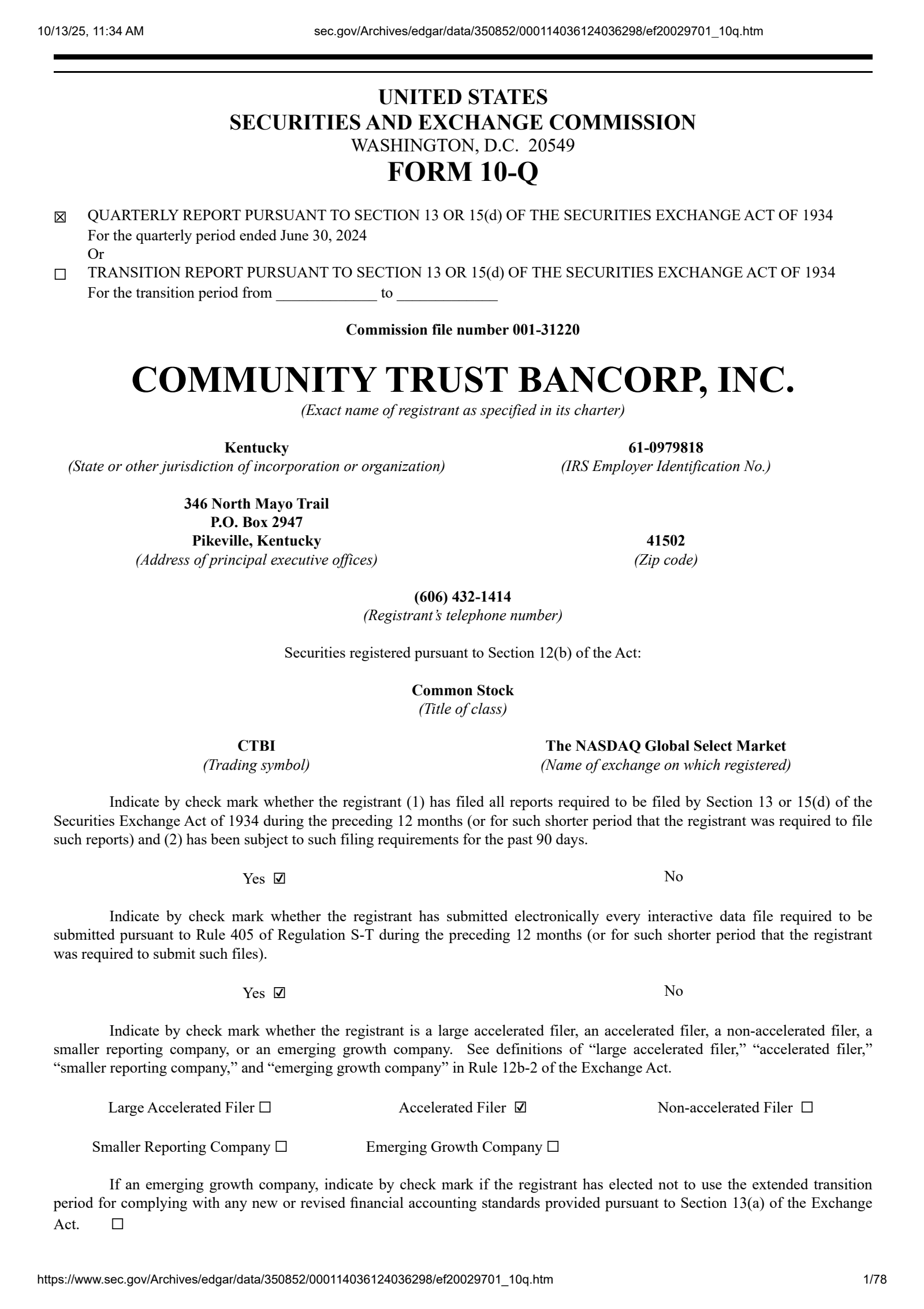 Community Trust Bancorp's Q2 2024 Quarterly Report