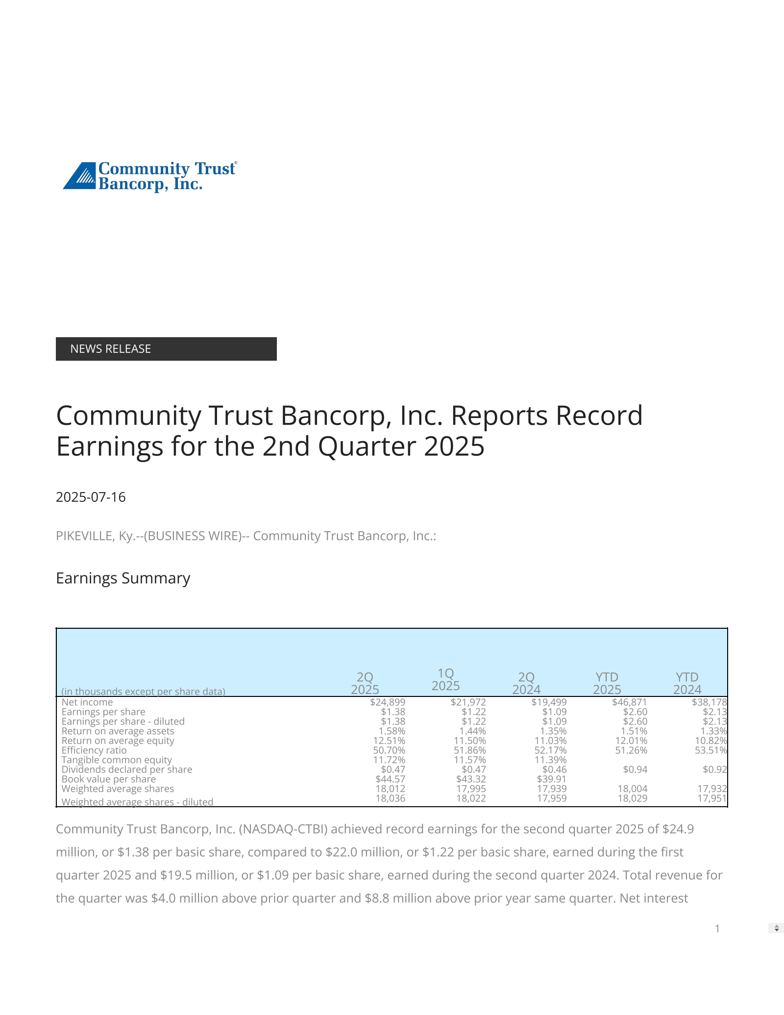 Community Trust Bancorp's Q2 2025 Press Release