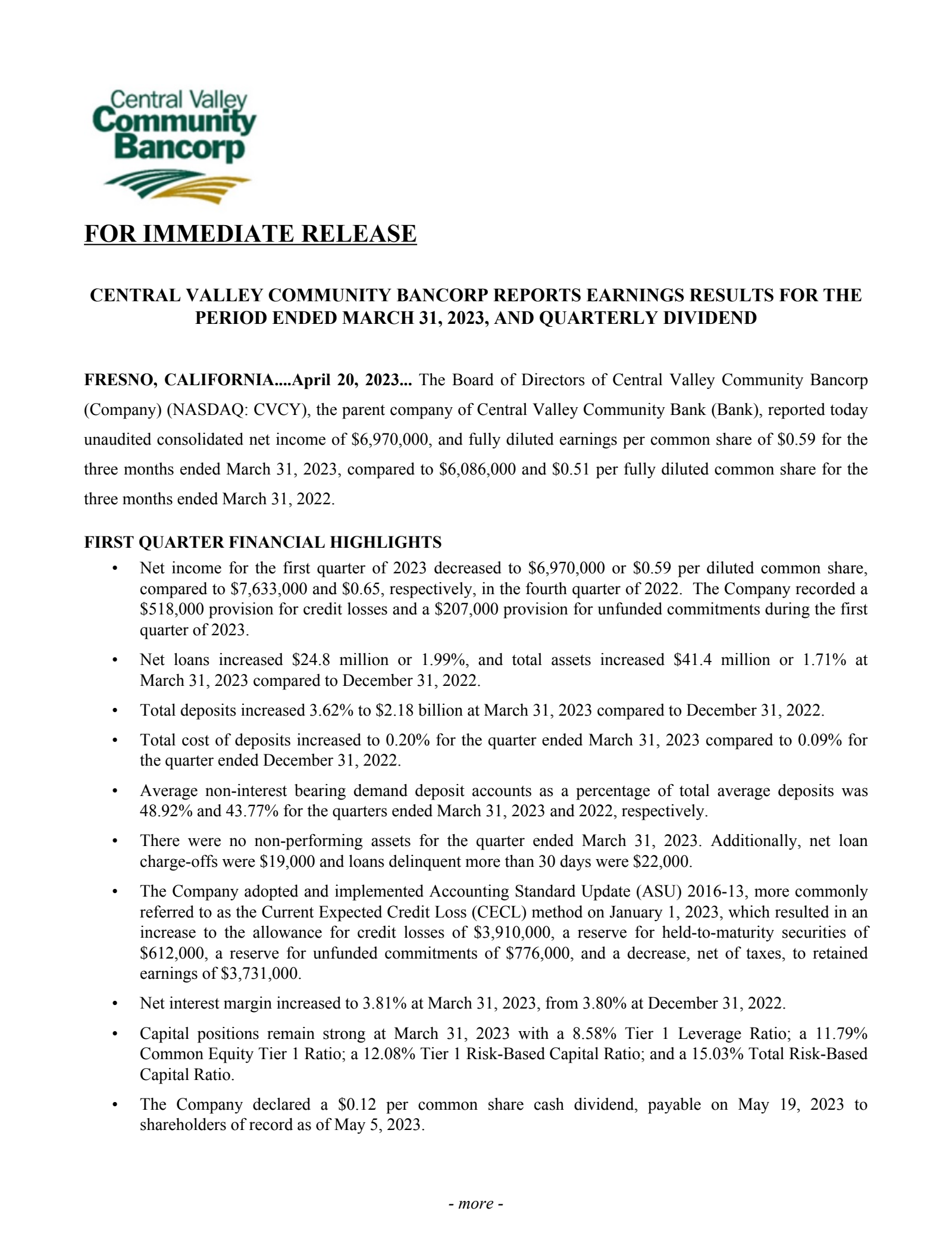 Community West Bancshares' Q1 2023 Press Release